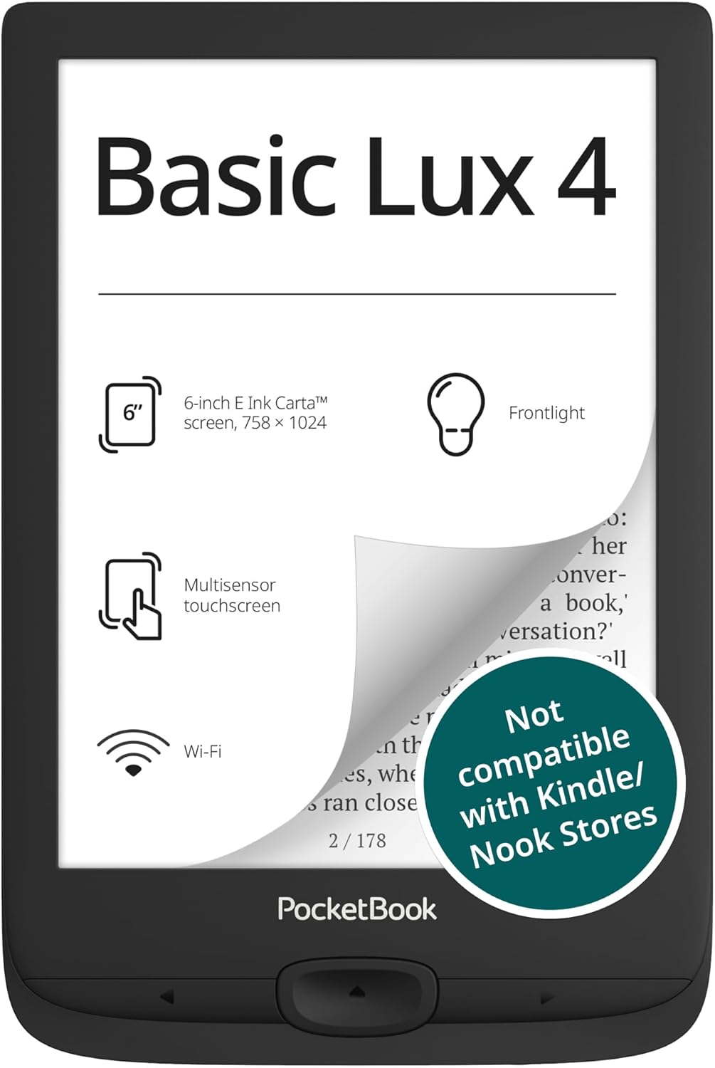 PocketBook Basic Lux 4 E-Book Reader – 6″ Glare-Free HD E-Ink Display – Frontlight – Compact & Lightweight Ebooks Reader – Wi-Fi, Ergonomic Buttons – MicroSD Slot – Eye-Friendly Ereader