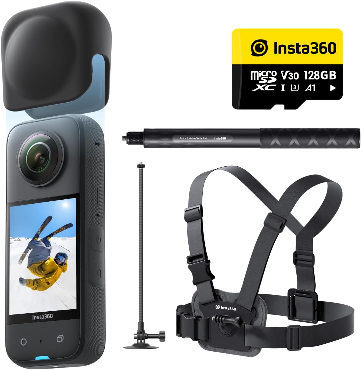 Insta360 X3 Snow Kit (New Version) – 360 Action Camera with 5.7K 360 Active HDR Video, 4K Single-Lens Camera, Waterproof, FlowState Stabilization, 2.29″ Touchscreen, AI Editing, Wintersports