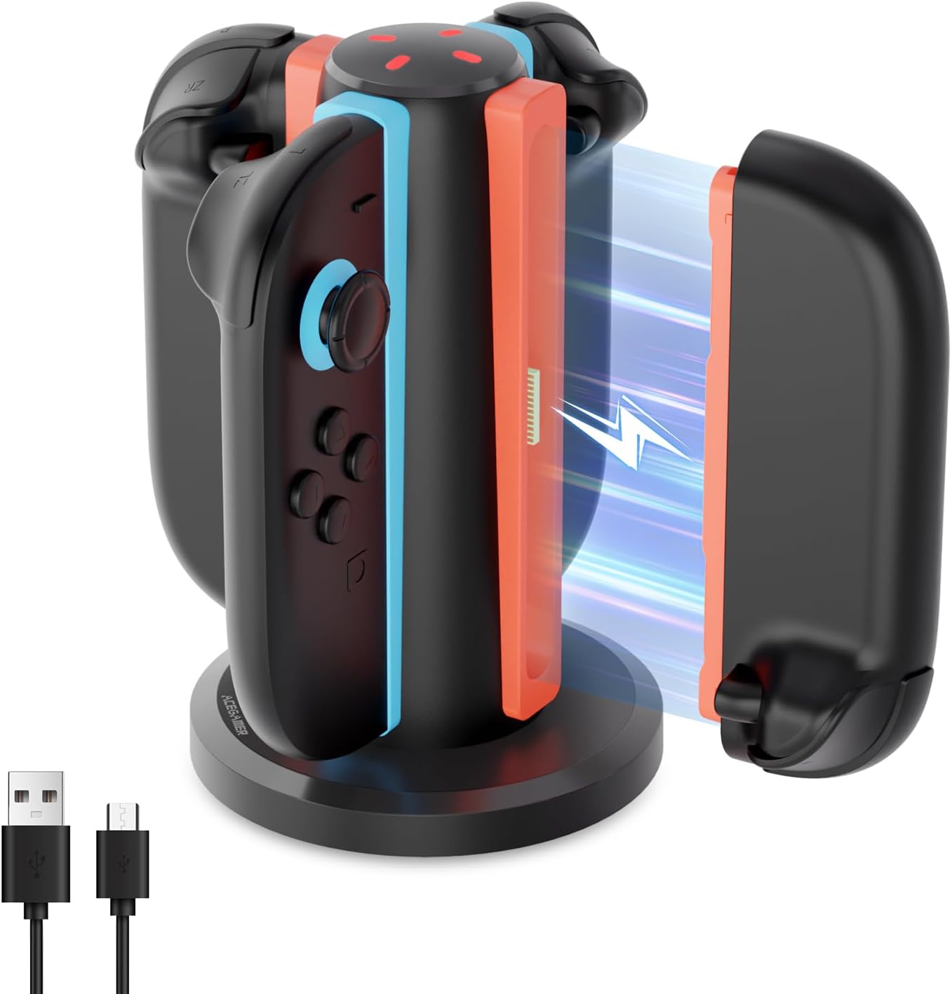 AceGamer 4-in-1 Charging Dock for Nintendo Switch 2 Joy-Con in Any Direction, 4-Port Magnetic Charging Station, Vertical Fast Charging Stand with LED Indication and USB Type-C Charger Cable, Black