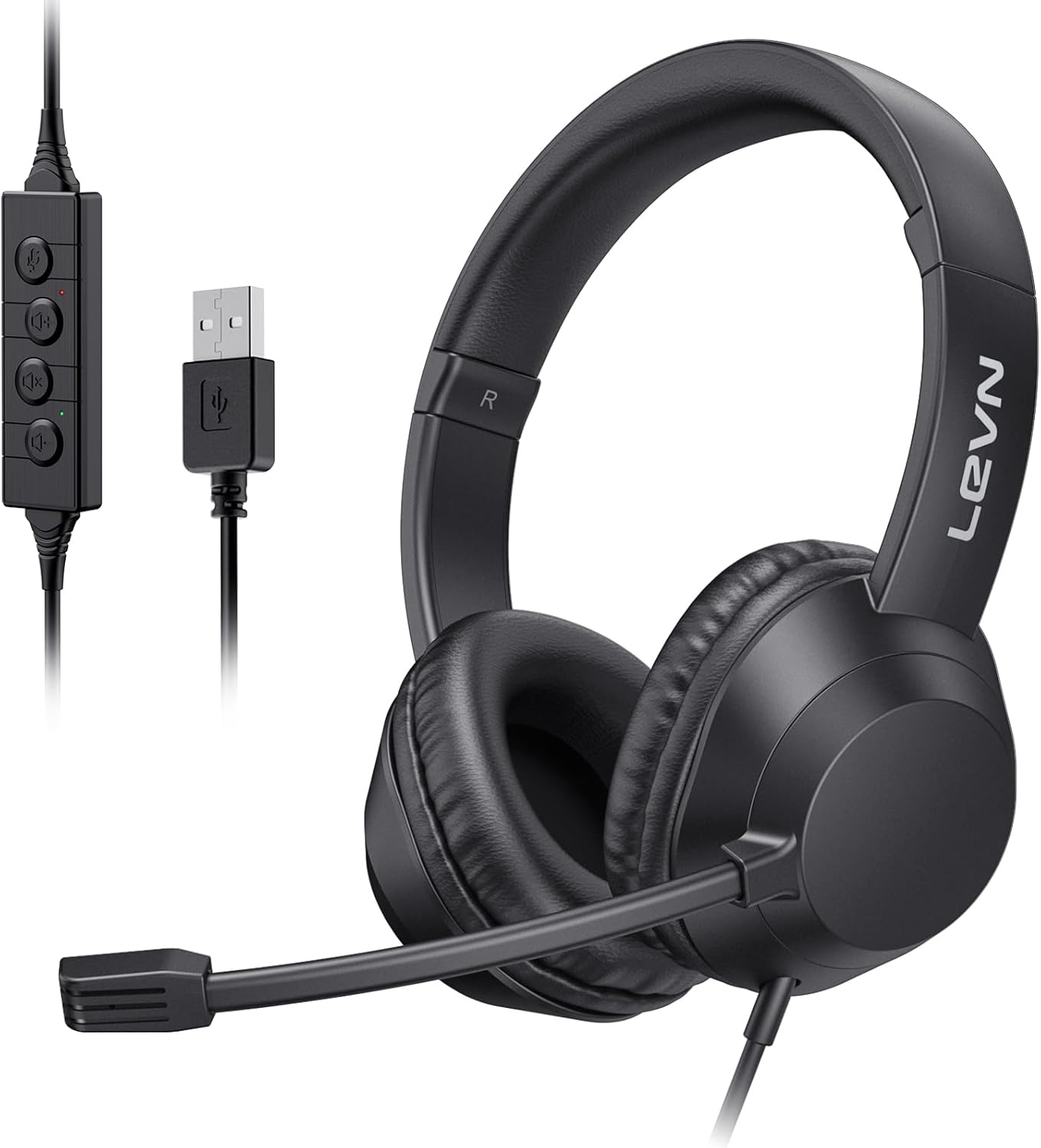 LEVN Headset with Mic, USB Headset with Microphone for PC, Headphones with Mic for Pc with Noise Canceling Microphone for Laptop, USB Headphones for Work from Home/Call Center/Open Office, Black
