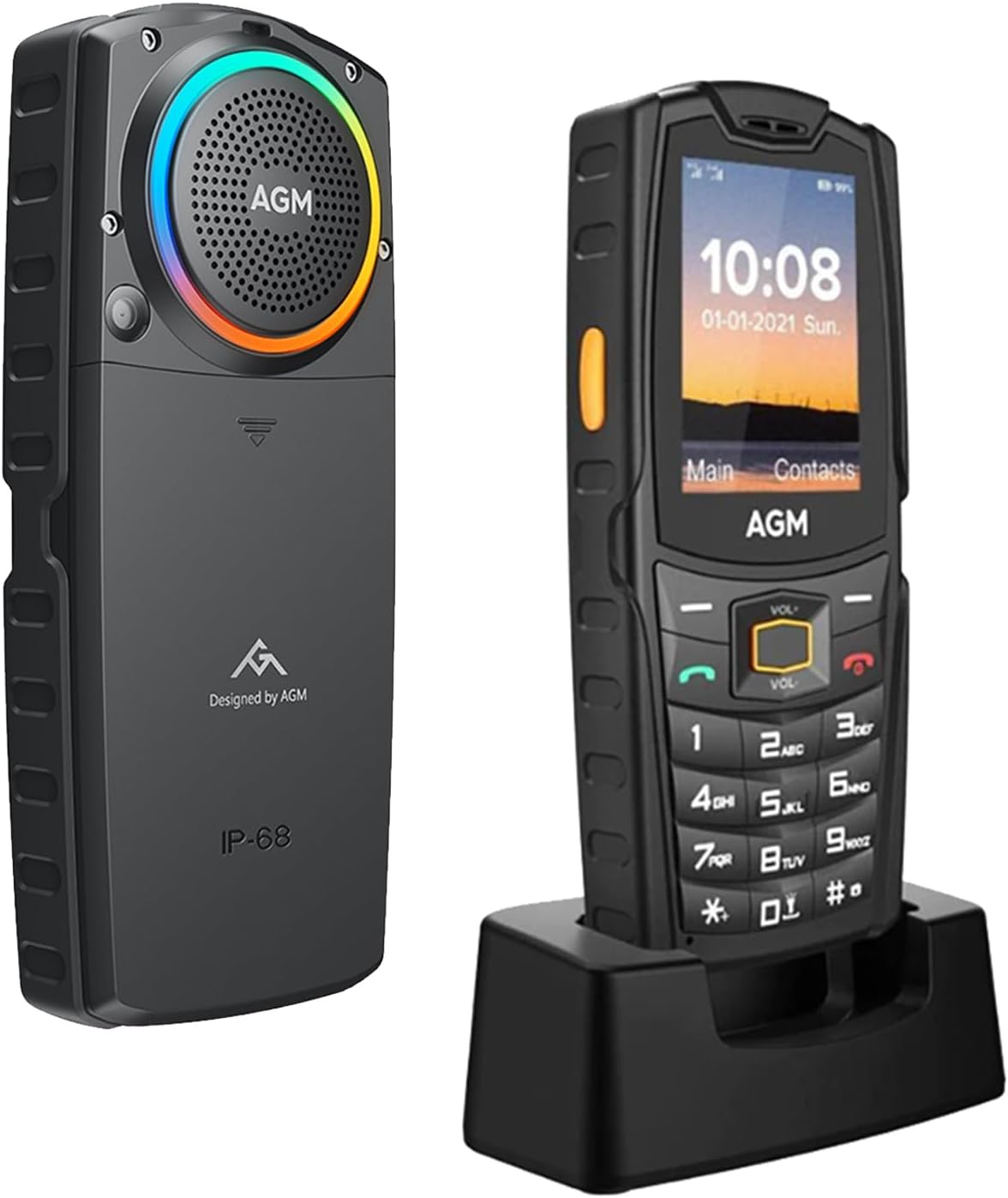 AGM M6 Feature Phone with Charging Dock, 4G LTE Dual SIM Unlocked – T-Mobile Compatible, RGB Light, Large Button & Font, 109dB Speaker, 128GB TF Expand, IP68 Waterproof/Drop-Proof for Outdoors