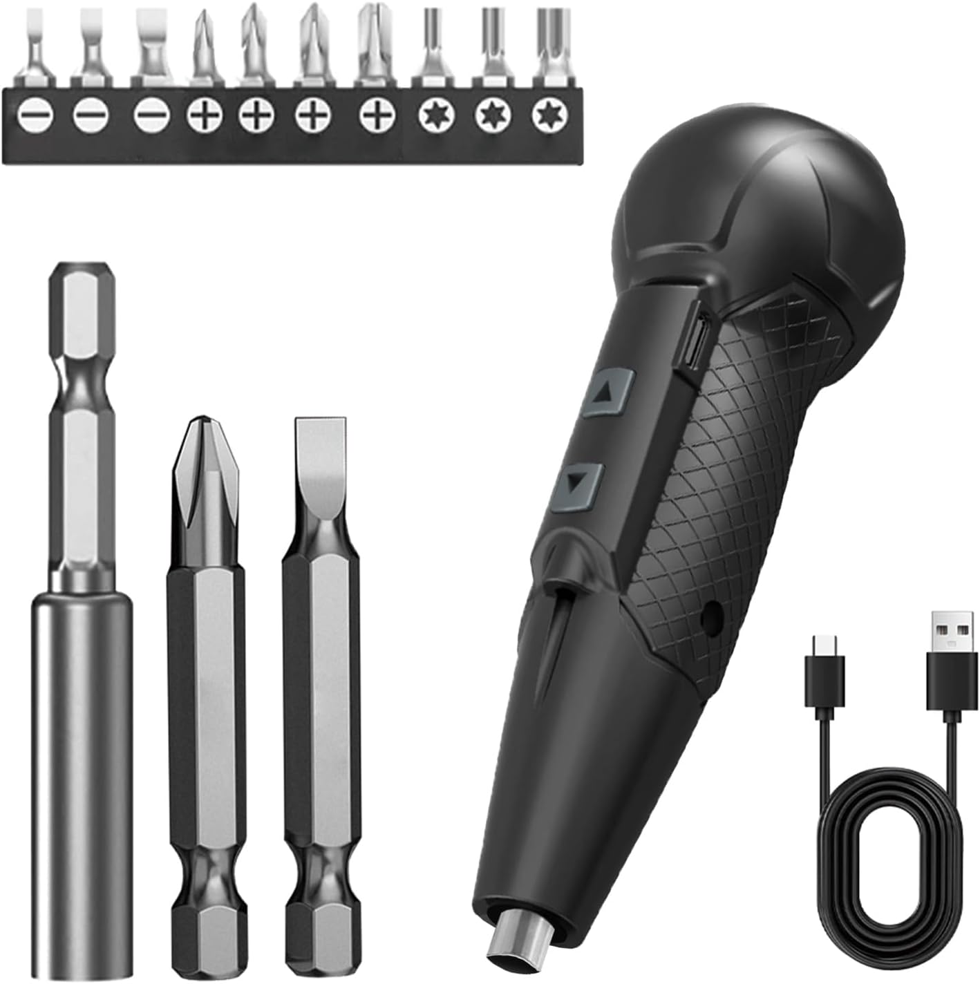 XLX 3.7V Cordless Electric Screwdriver Rechargeable portable Mini Rotary Home Gadget，Automatic Manual all in one with LED Light and USB- Type C Charging Cable Black