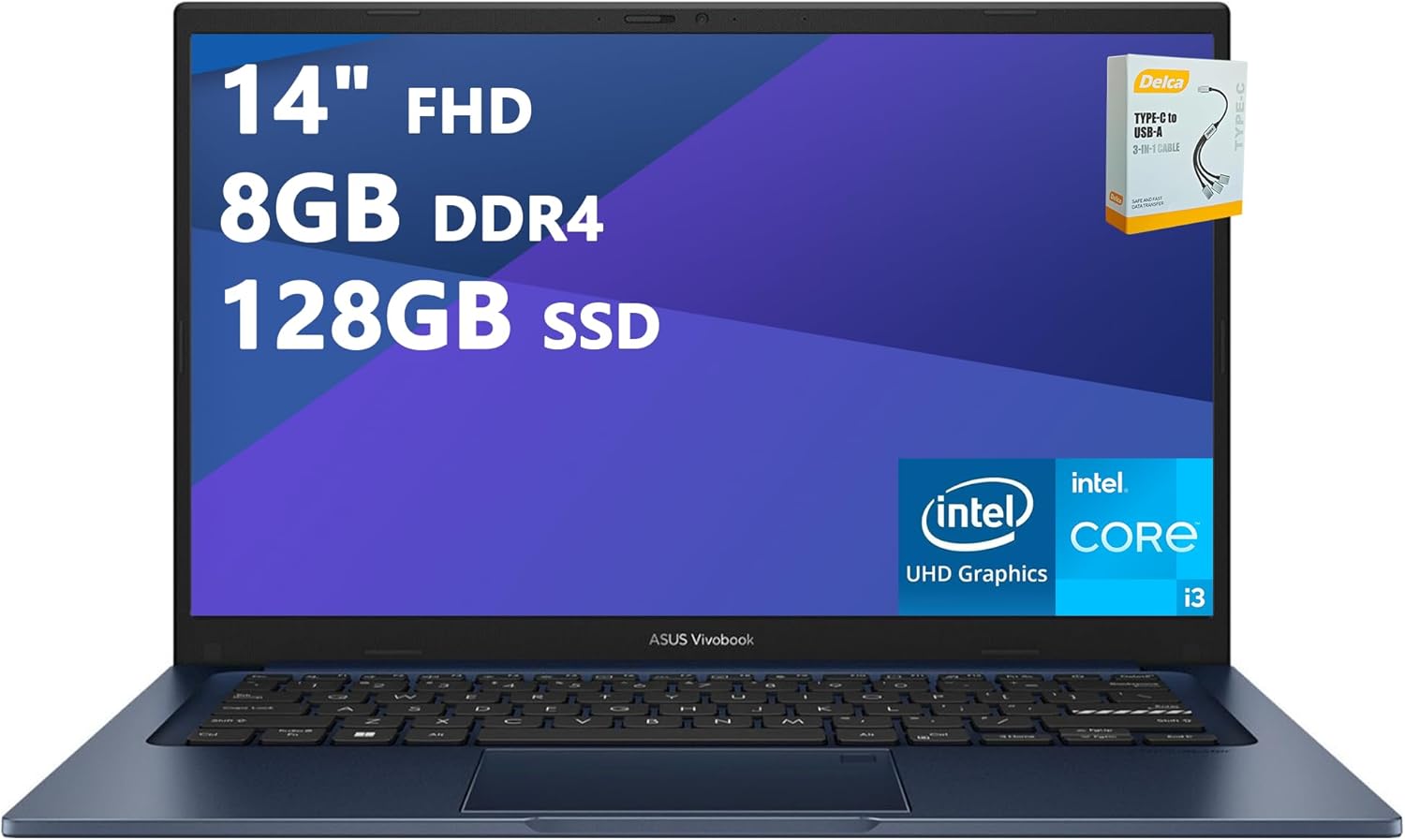 ASUS VivoBook 14 Portable Business Laptop | 14″ FHD Anti-Glare | Intel Hexa-Core i3-1215U (>i7-1165G7) | 8GB DDR4 128GB SSD | Type-C Privacy Camera SonicMaster Win11 Blue w/DLCA Accessory