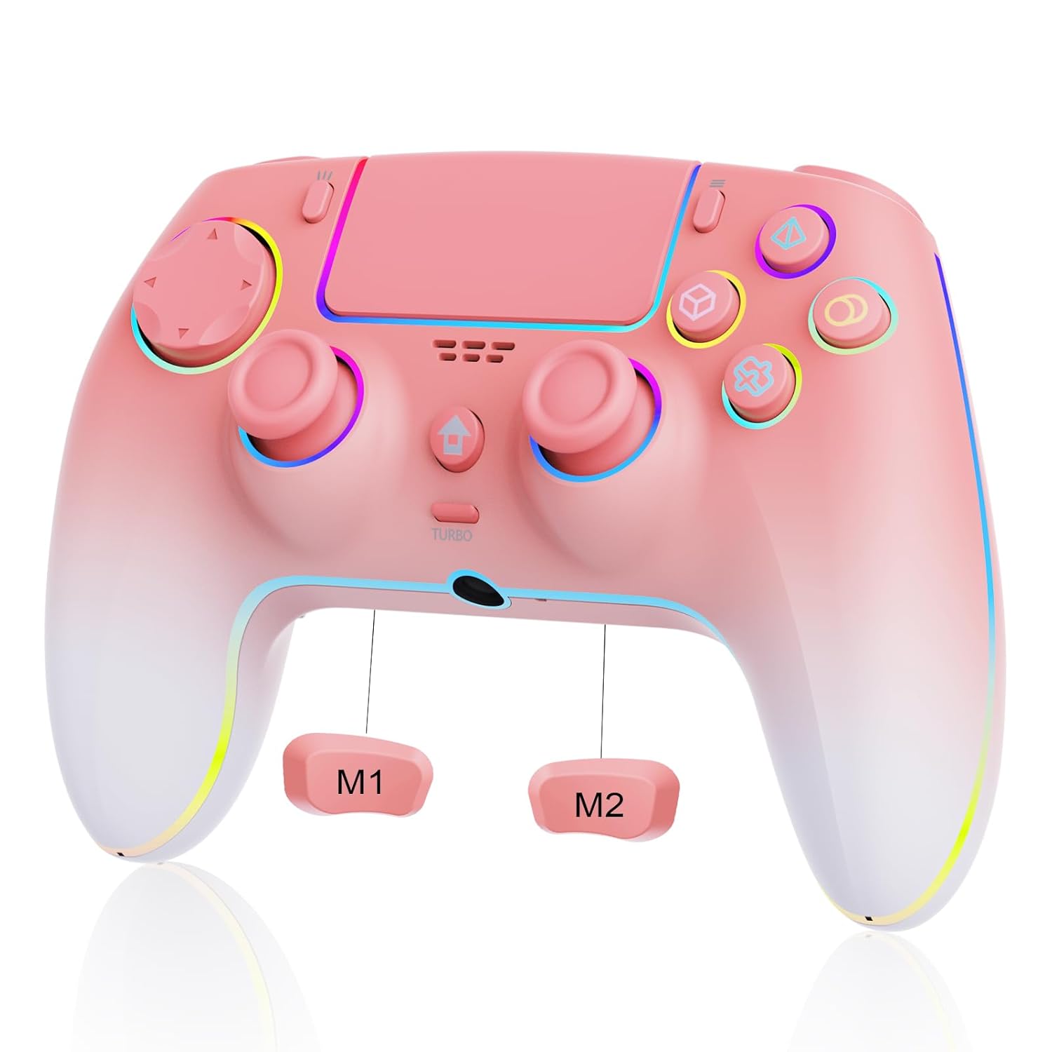 Wireless Pink White gradient Controller for PS5 Pro/PlayStation-5/PC/Mac/Steam Deck with Hall Effect joystick trigger/Back Paddles/Cool RGB/TURBO/headphone Jack – Built-in Speakers Support P-S5 Console Audio