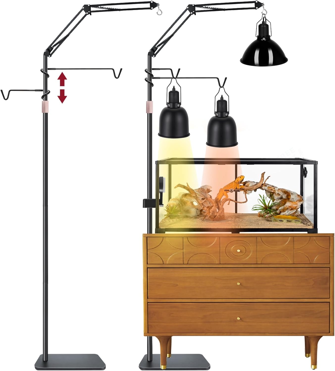 DXOPHIEX Reptile Heat Lamp Stand Reptile Light Stand (17.7 inch to 89.6 inch) with 360°Adjustable Swing Arm,Lamp Holder with 2 Bracket Hooks for Bearded Dragon,Turtles, Snake and Lizard Terrarium