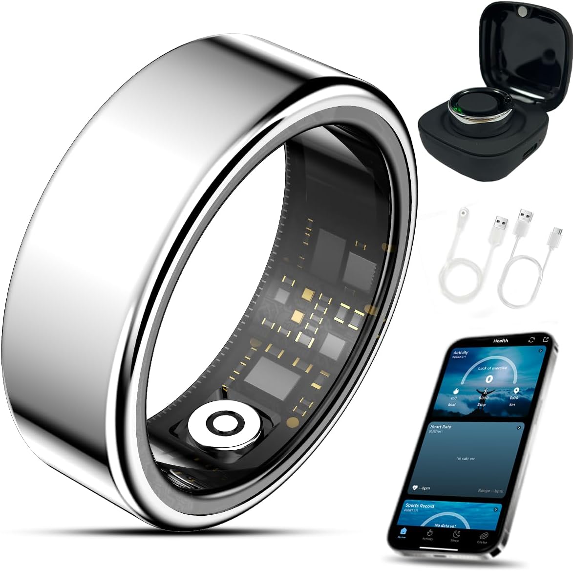 Smart Ring Health Tracker with Charging Case Sleep Heart Rate & Blood Oxygen Monitor 5ATM+IP68 Waterproof Fitness Ring No Subscription 5-7Day Battery iOS & Android Compatible for Men Women