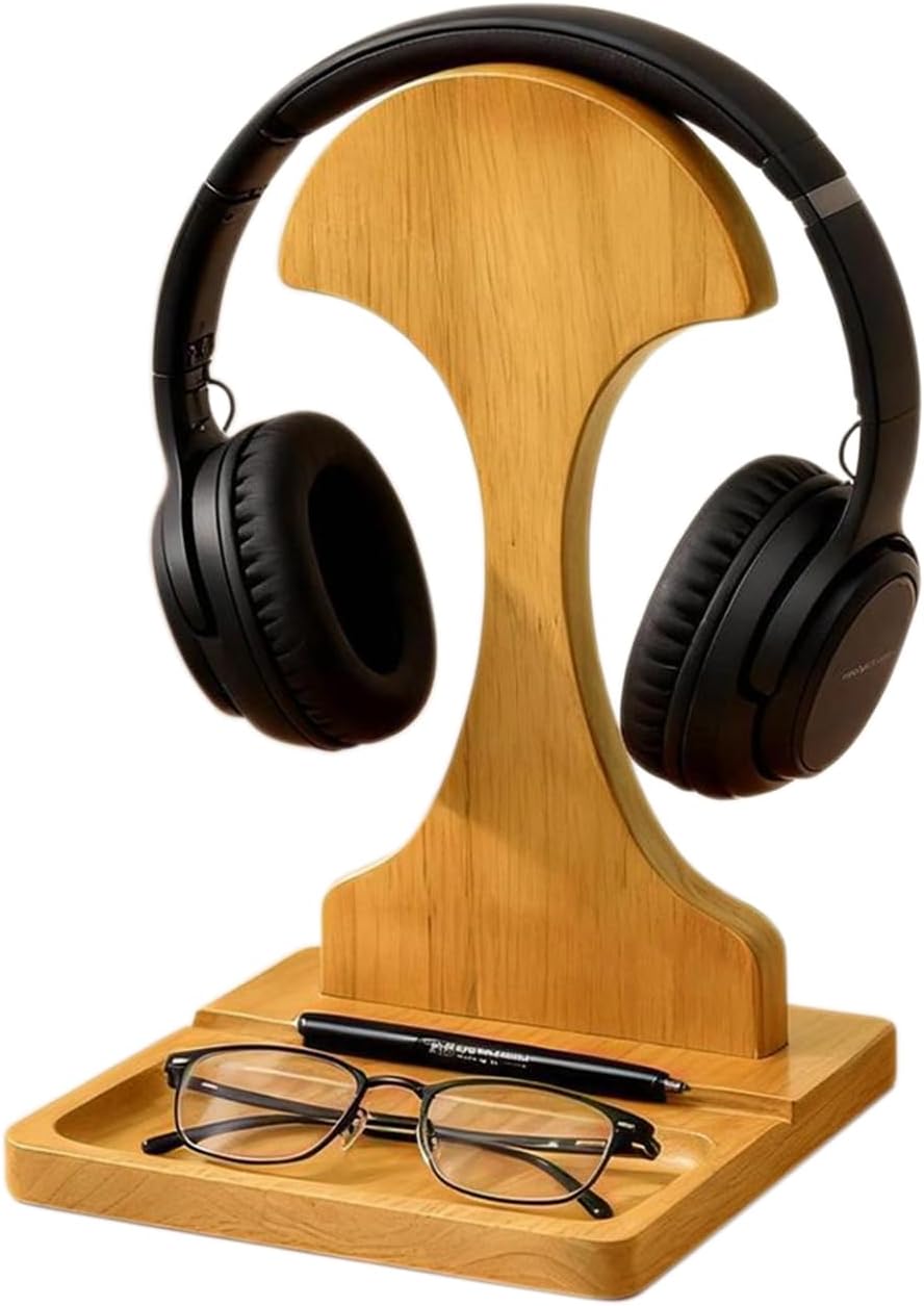 Wood Headphone Stand for Desk Gaming Headset Holder Hanger with Phone Rest and Storage Base, Detachable Design, Solid Wood Carved