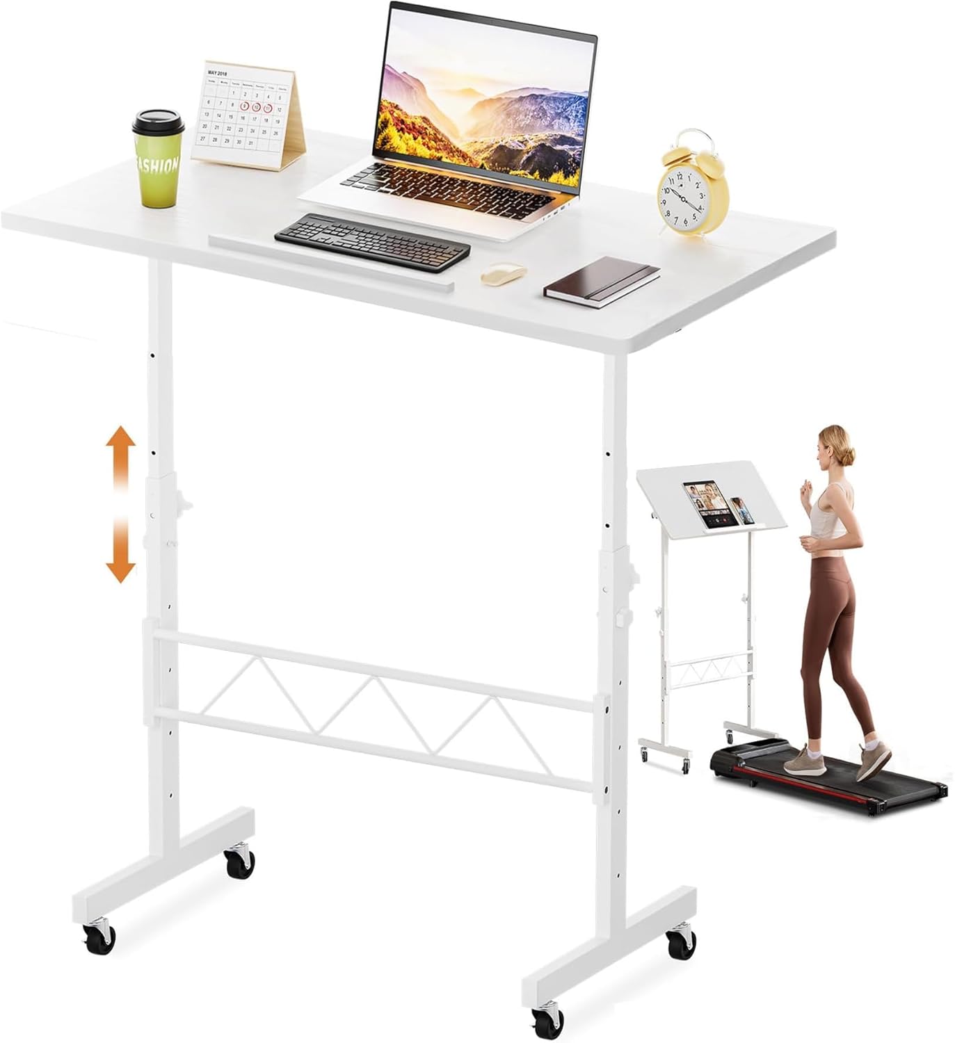 COMHOMA Small Standing Desk Adjustable Height & Tiltable Tabletop, Mobile Stand Up Desk for Laptop, Portable Computer Table for Home Office Work and Walking Pad Treadmill, Height 30.7″-46.4″, White