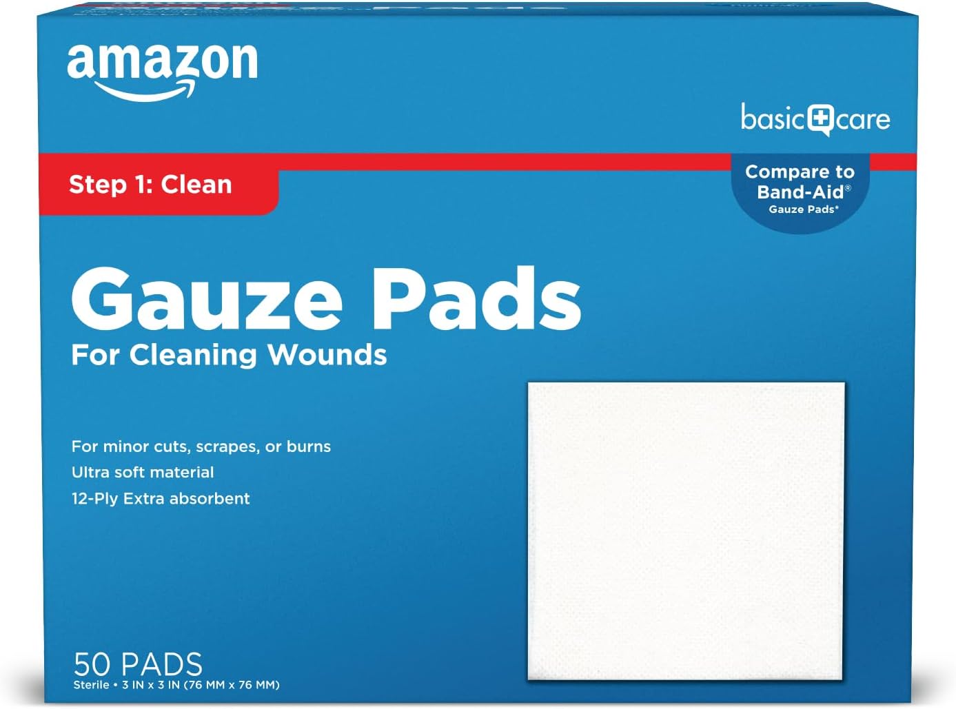 Amazon Basic Care Gauze Pads, 3×3 inches Sterile Medical Wound Dressing Sponges for Cleaning, Covering, & Cushioning Cuts & Minor Injuries, 50 Count (Pack of 1), (Previously All Health)