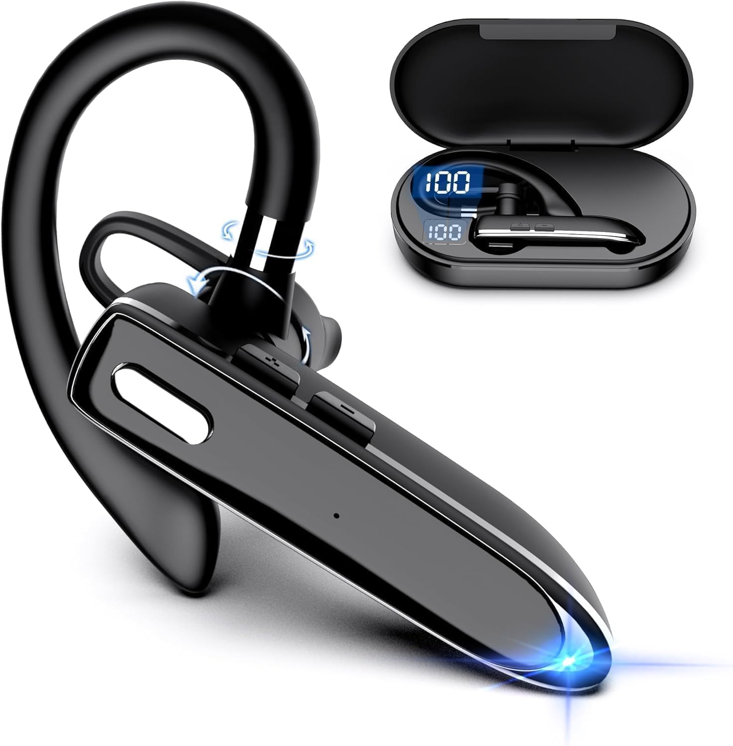 Bluetooth Headset Single Ear Business Earbuds, Wireless Headphones with Mic, Wireless Earbuds with 800mAh Charging Case, 100 Hours Standby Time Bluetooth Earpiece, Earphones for Work,Trucker, Office