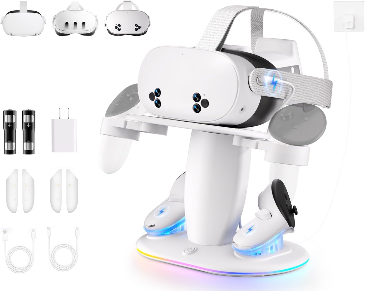Fast Charging Dock for Meta Quest 3/3s/2 vr Headset and Magnetic Charger for Controllers Simultaneously, RGB Charging Station & Display Stand with Rechargeable Batteries 2pcs and UL AC Adapter