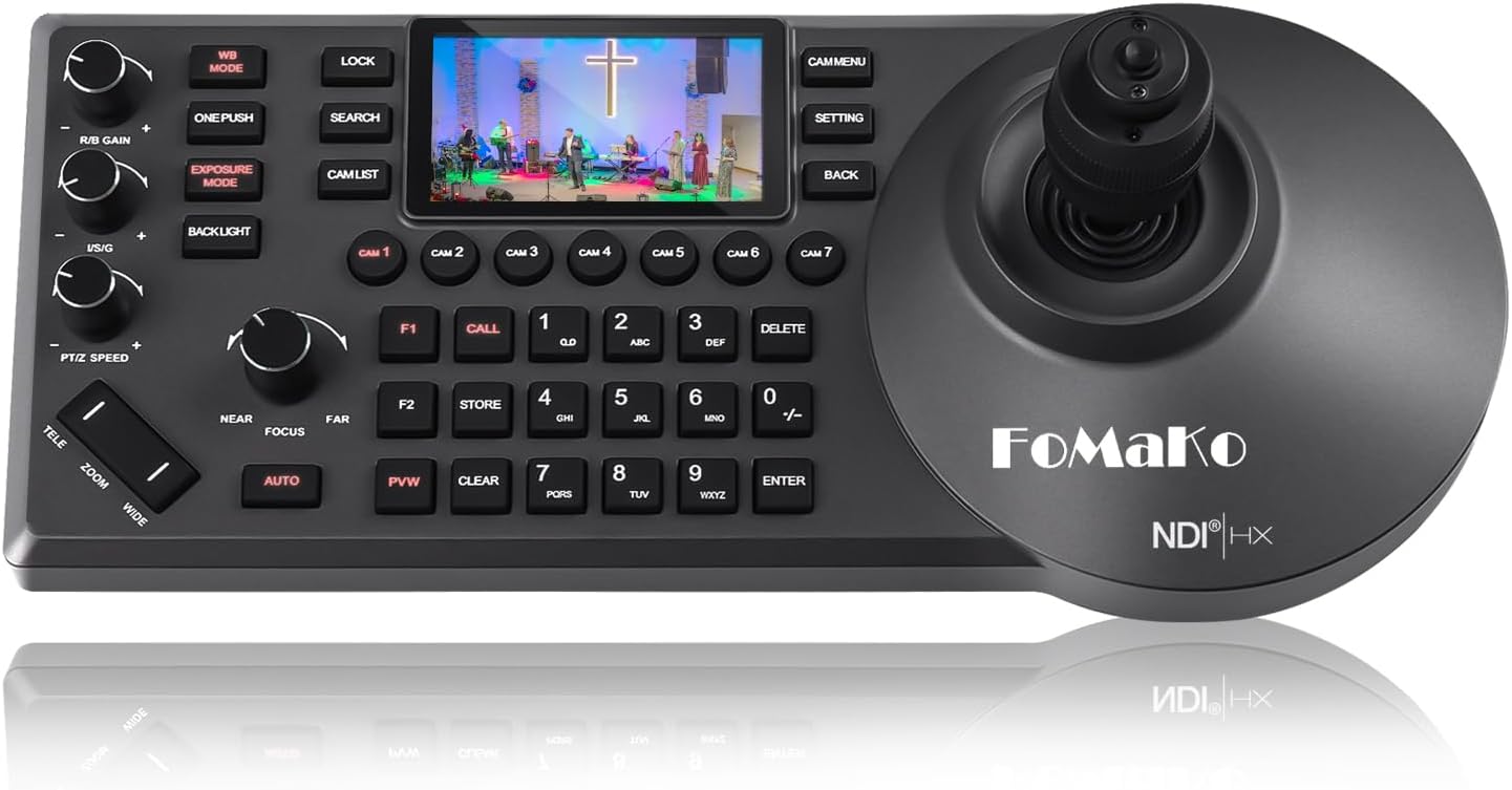 FoMaKo KC608 Pro NDI PTZ Camera Controller (Black) – PoE Powered, Built-in LCD Preview, 4D Precision Joystick, NDI Technology, Ergonomic Wrist Rest Design, for Church Live Streaming & Education.