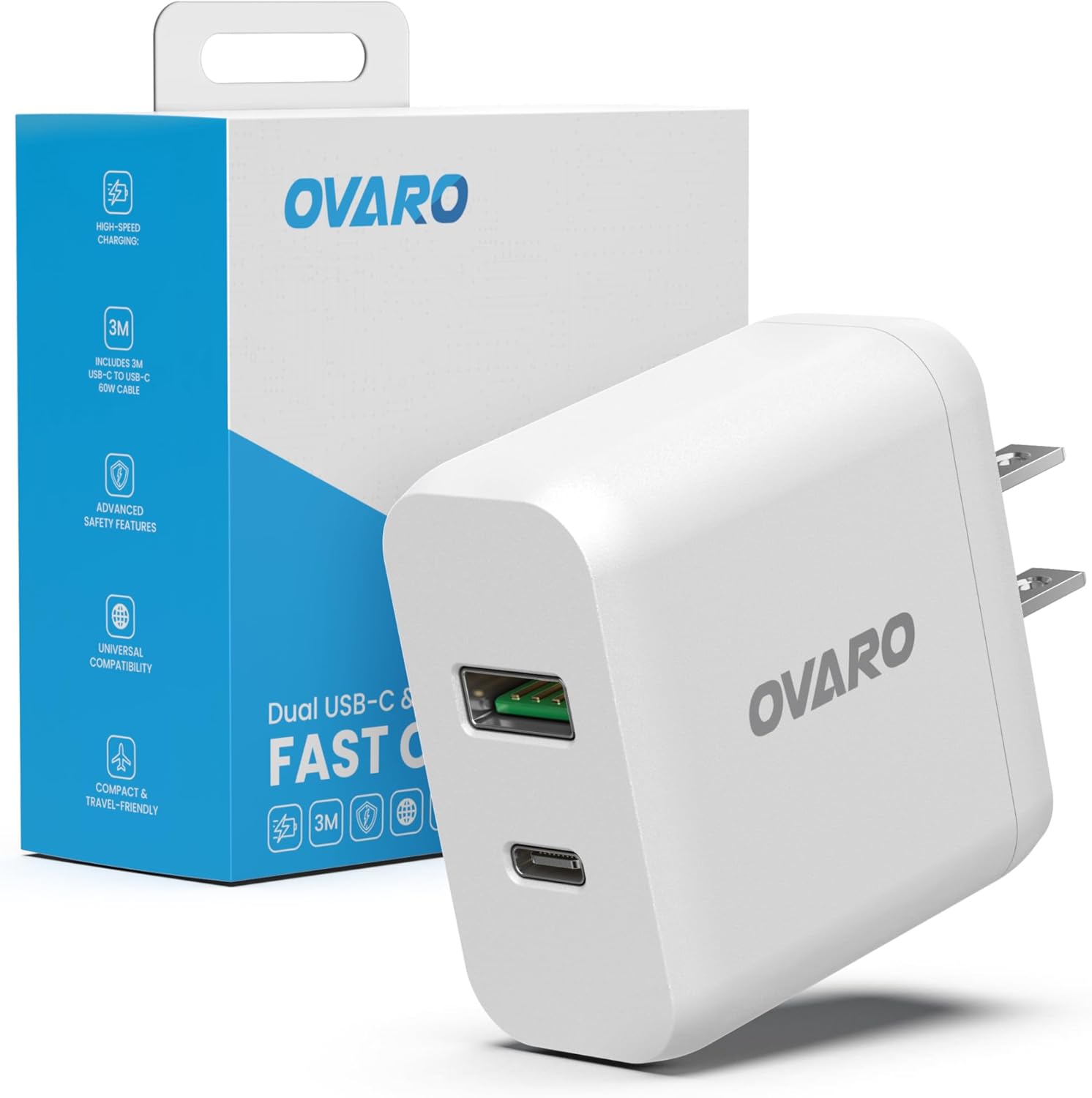 45W Type-C Fast Charger + 3m USB-C Cable, Dual USB-C/USB-A PD Wall Adapter for iPhone 17/17 Pro Max, New iPad Pro Air, Samsung Galaxy S24/S25 &More– Fast Charging, Overcharge Protection