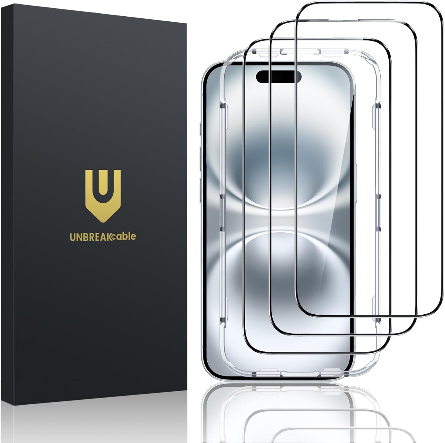 UNBREAKcable Screen Protector for iPhone 16 Plus/15 Plus [3-Pack] Full Coverage Double Shatterproof Tempered Glass [Installation Frame] [9H Hardness] [99.99% HD Clear] [Bubble Free] for iPhone 6.7″