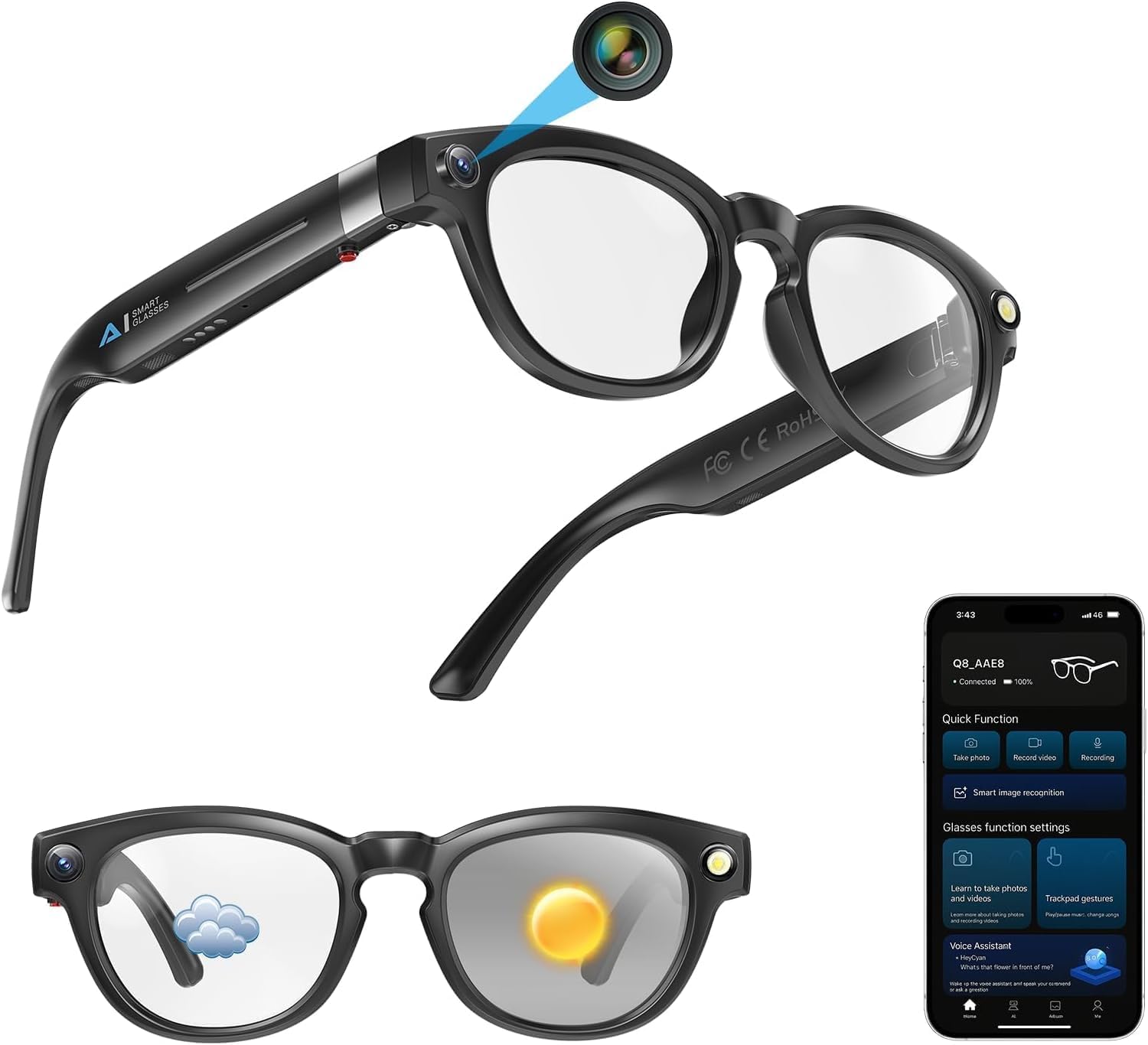 AI Smart Glasses with 8MP Camera, 1080P Video Recording Sunglasses with Audio, Real-Time Translation & Object Analysis, Bluetooth Smart Eyewear with Voice Assistant and Photochromic Lenses(Q8-YC)