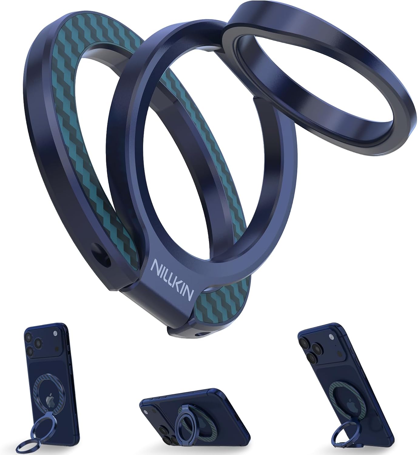 Nillkin Magsafe Phone Ring Holder Magnetic Grip Stand, Double Sided Magnets Kickstand, Upgraded Carbon Fiber Finger Holder, Accessories Compatible with iPhone 17 16 Pro Max Google Pixel 10 (Blue)