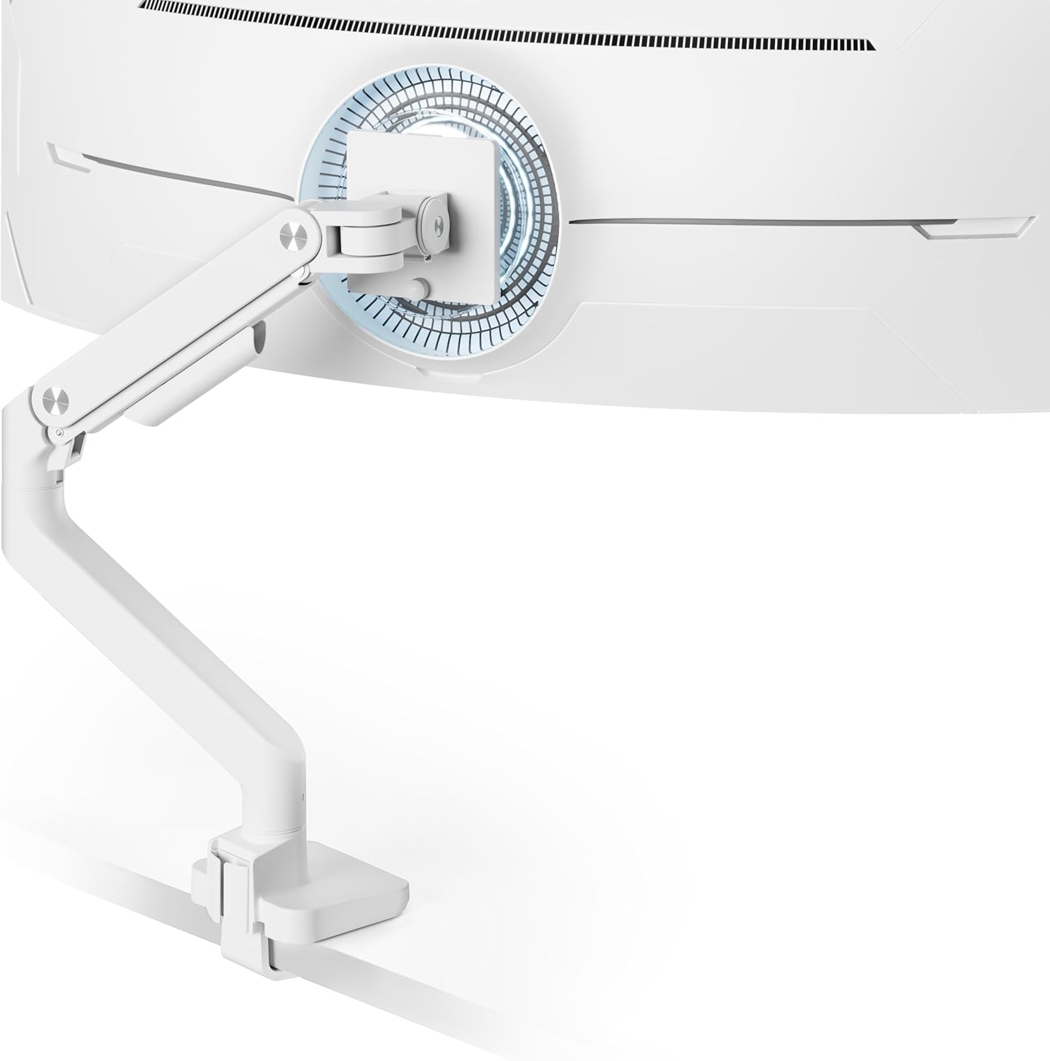 ARES WING Ultrawide Monitor Arm White for 17 to 49 Inch Heavy Duty Curved Screen, Holds 44 Lbs, Adjustable Gas Spring Monitor Arm Desk Mount with C Clamp, Grommet Base, 75/100 Vesa Mount