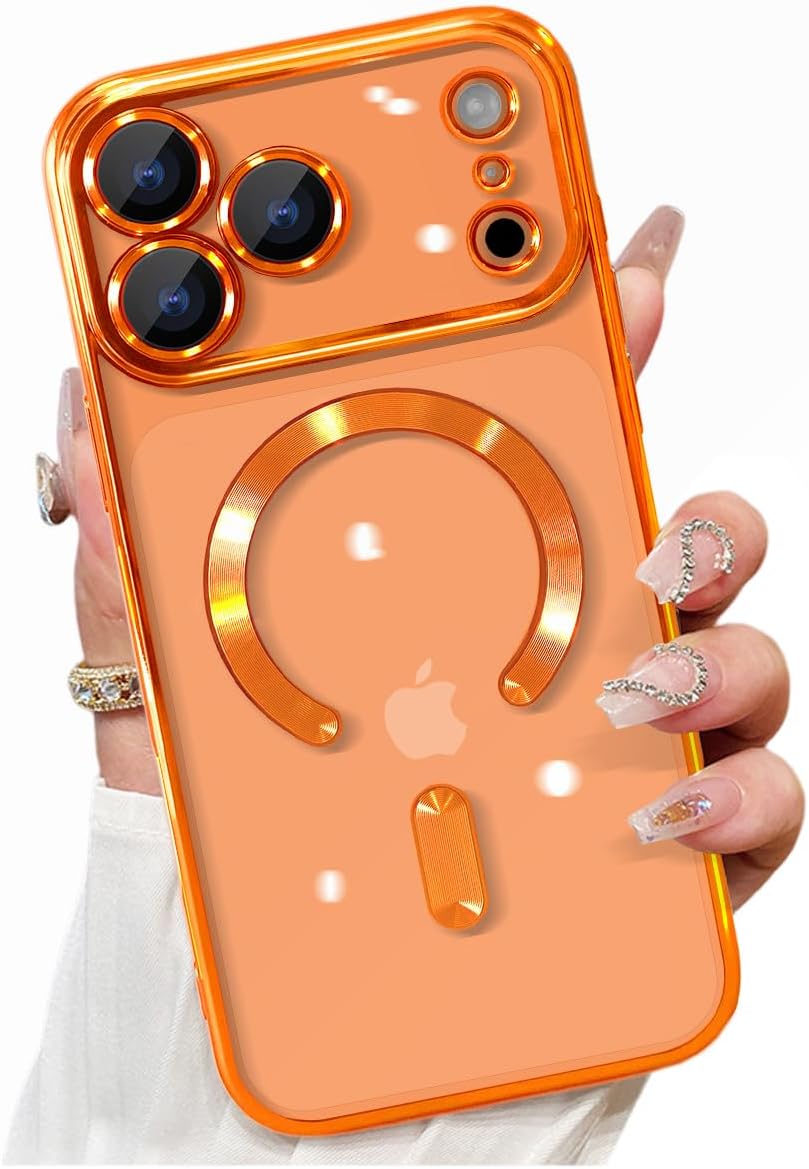 Magnetic for iPhone 17 Pro Max Case Clear, Compatible with MagSafe, Built-in Camera Lens Protector, Soft Slim Phone Case Cover for iPhone 17Pro Max 6.9″ – Orange