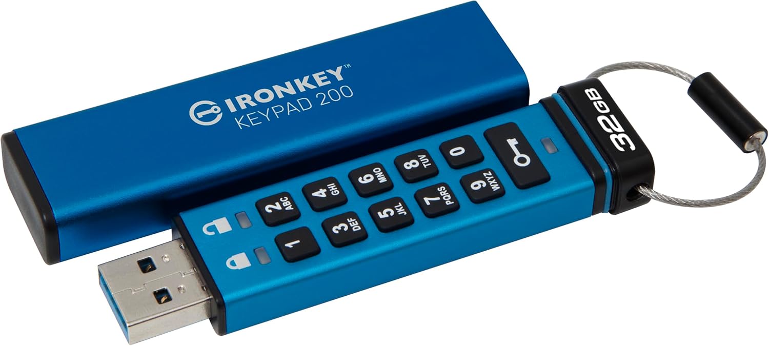 Kingston Ironkey Keypad 200 32GB Encrypted USB | Alphanumeric Keypad | Multi-Pin Access | XTS-AES 256-bit | FIPS 140-3 Level 3 Certified | Brute Force & BadUSB Protection | IKKP200/32GB,Blue