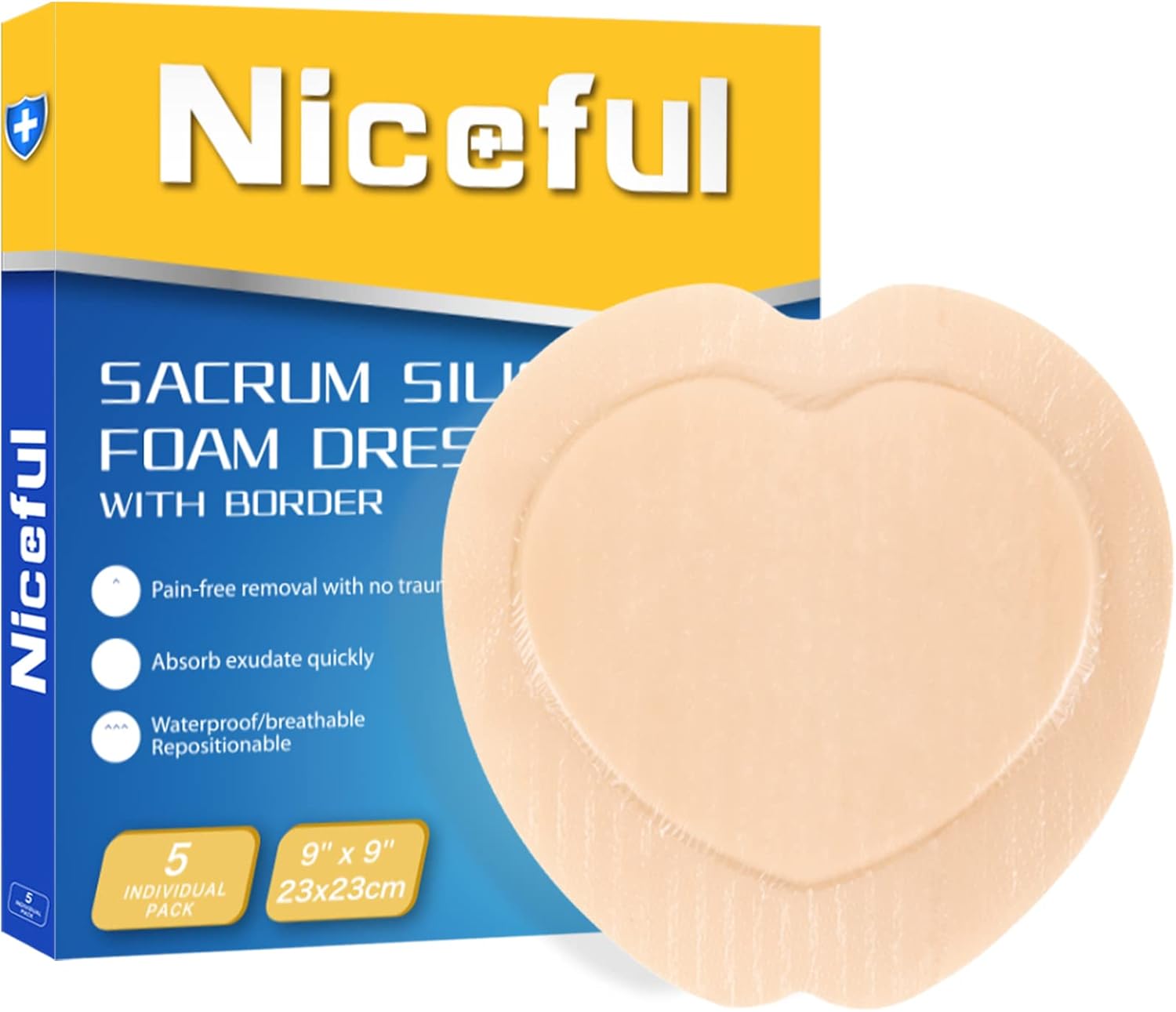 Sacral Foam Dressing 9″ x 9″ – Border Sacrum Bandage for Bed Sores Pressure, Silicone Adhesive Wound Dressing Pads for Large Wound, 5 Count