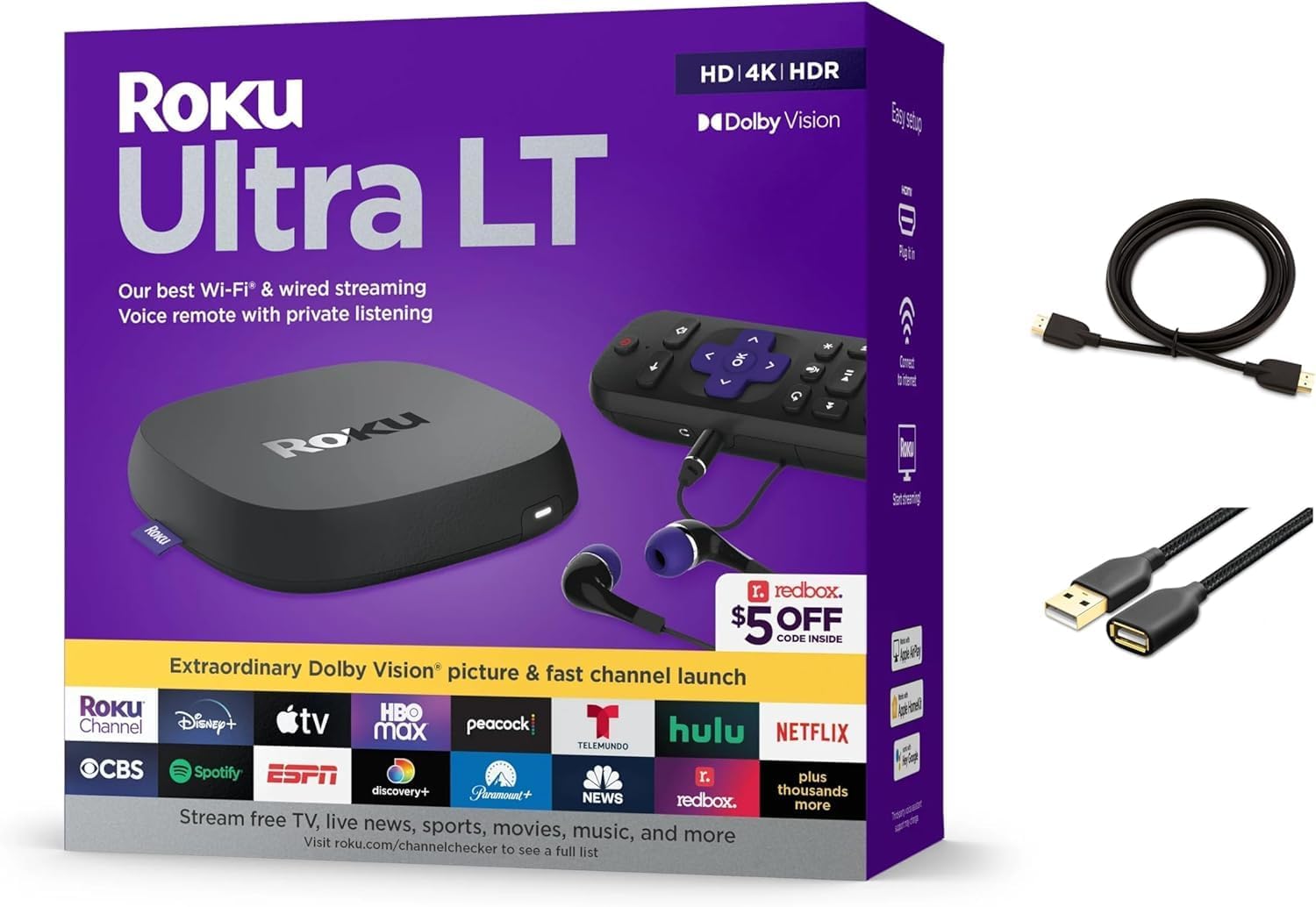 Roku Ultra LT Streaming Device 4K/HDR/Dolby Vision/Dual-Band Wi-Fi with Roku Voice Remote and HDMI Cable, with USB Extension Cord and HDMI