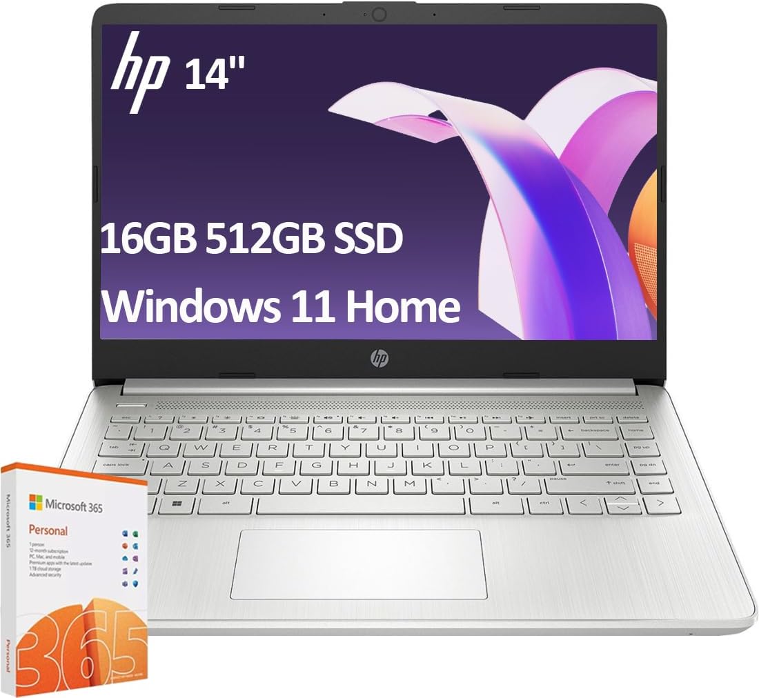 HP 14″ Ultra-Light Laptop for Student & Home (Narrow-Bezel display, Intel Pentium N5030, 16GB RAM, 512GB SSD, 1-Year Office 365) 11-Hr Long Battery Life, Webcam, Wi-Fi, HDMI, Win 11 Home in S Mode