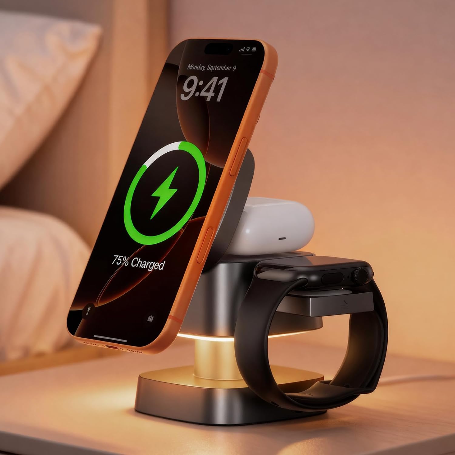 4 in 1 Wireless Charging Station for Apple Devices with Night Light, Mag-Safe Charger Stand, 15W Fast Charging for iPhone 17/16/15/14/13/12 Series, iWatch & AirPods(with USB-C Cable)