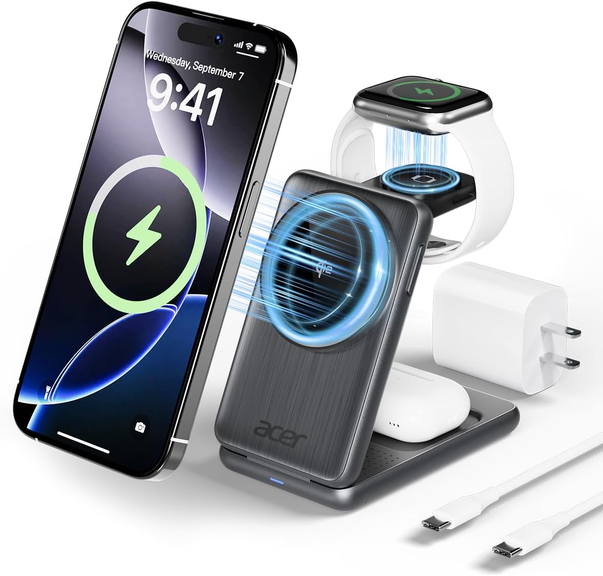 Acer 3 in 1 Charging Station for iPhone, Wireless Charger Stand,15W Fast MagSafe Charger for iPhone 17 16 15 14 13 12 Series-Apple Watch 10 9 8 7 6 5 4 3 2 SE and Ultra Series-Airpods 4 3 2 Pro Series