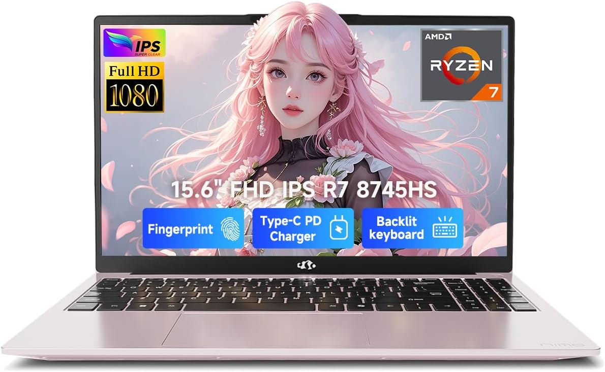 NIMO 15.6″ IPS FHD-Gaming-Laptop, AMD Ryzen 7 8745HS 32GB DDR5 RAM 2TB SSD (up to 4.9GHz) Radeon 780M Graphics Business Computer with 100W Type-C Backlit Keyboard, Fingerprint USB-C 4.0