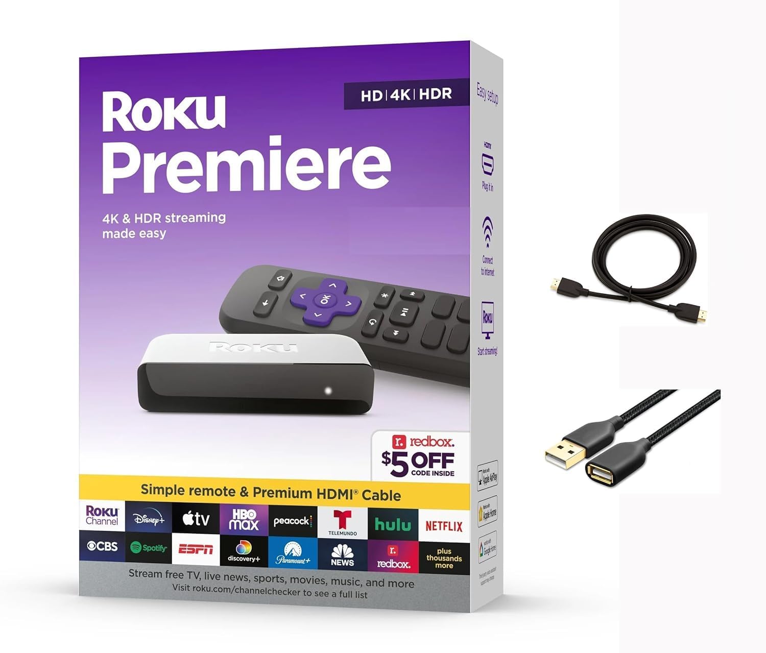 Roku 3920RW-SW Premiere – 4K/HDR Streaming Media Player, Enabled with Premium High Speed HDMI Cable & Simple Remote, Wi-Fi, with HDMI Cable and USB Extension Cord