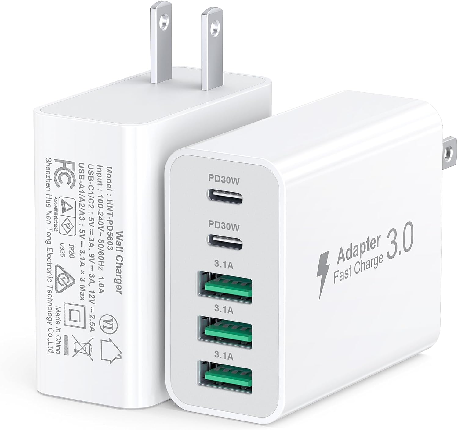 60W Fast Charger Block,2-Pack USB C Wall Charger,5-Port Dual 30W PD Charging Adapter+QC 3.0 Wall Plug Multiport Total power 60W Type C Charging Cube Brick For iPhone 17/16/15/14/13/Pro Max,iPad,Galaxy