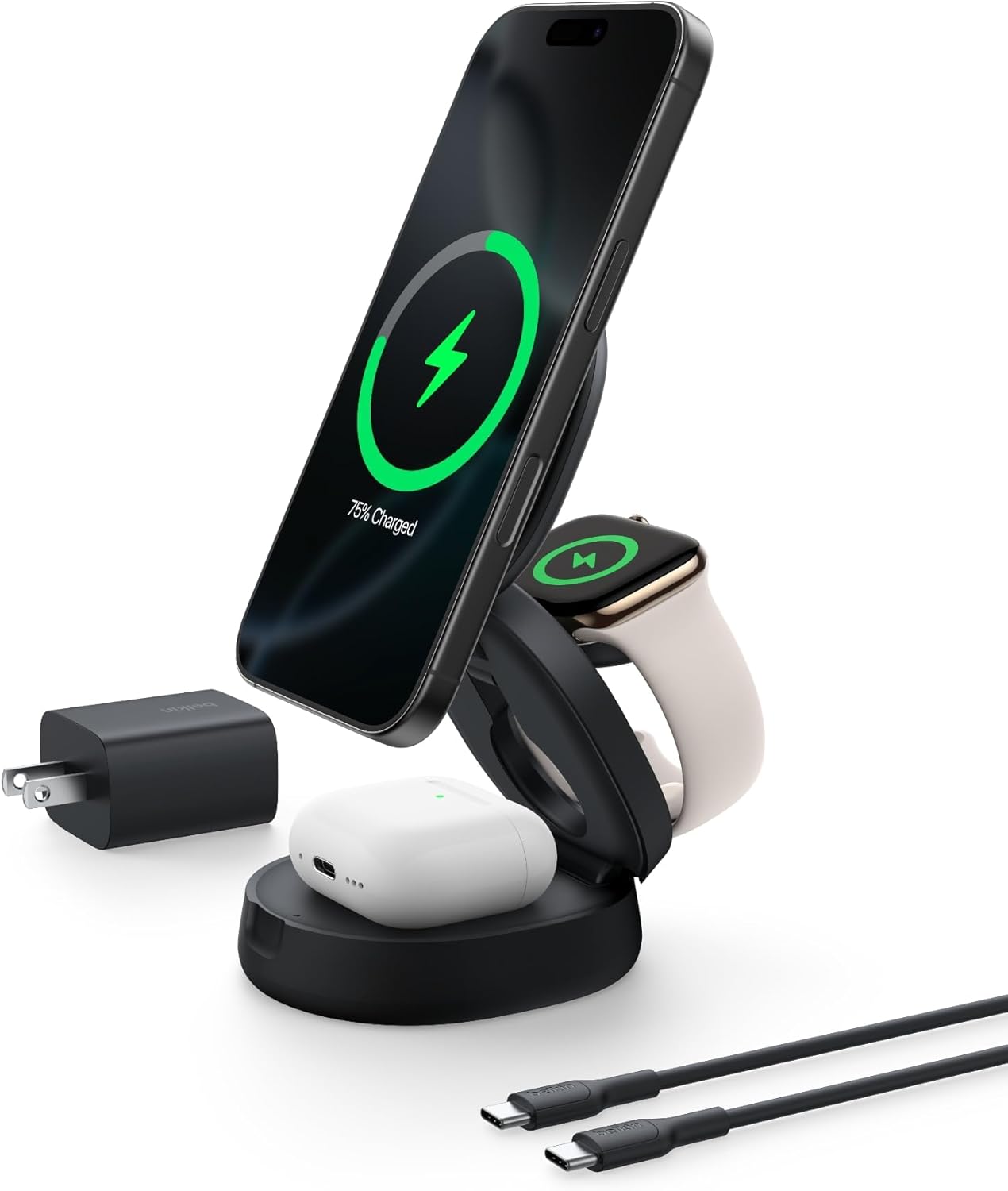 Belkin MagSafe Charger Compatible, 3-in-1 Qi2 15W Wireless Charging Station, Convertible Wireless Charger for iPhone 17, Apple Watch, AirPods, Pixel 10, Phone Stand for Travel w/ 36W Adapter – Black