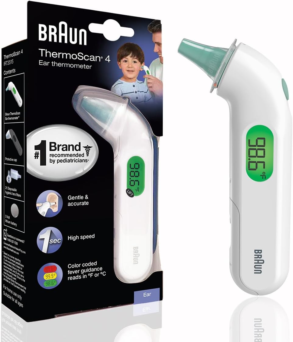 Braun ThermoScan 4 Digital Ear Thermometer for Kids and Adults, Professional Accuracy, Color Coded and Audio Fever Guidance for Babies, Toddlers