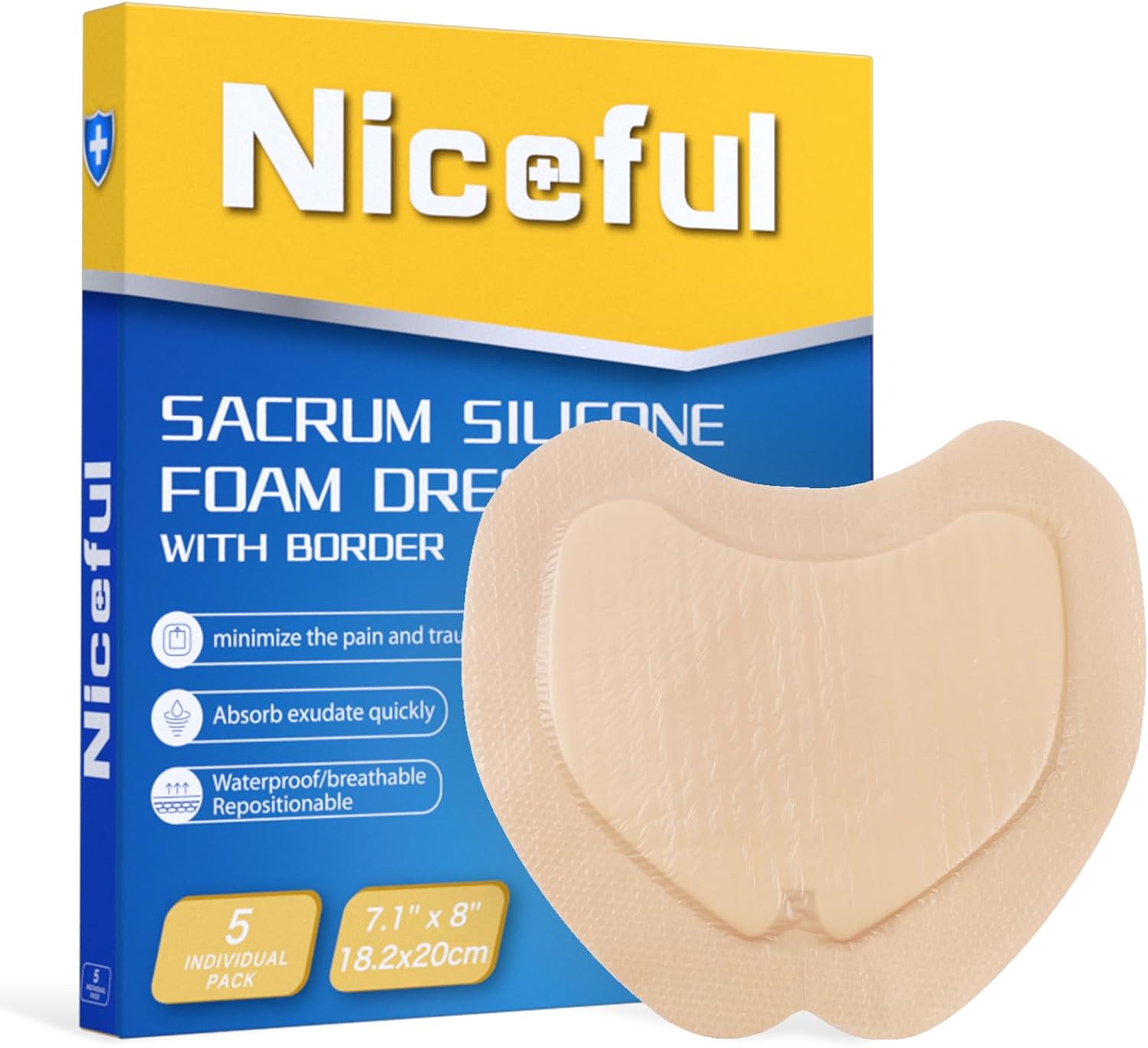 Sacral Foam Dressing 7.1″ x 8″, Sacrum Silicone Foam Dressing with Border, Bed Sore Bandages Large Wound Care Pads (5 Count)