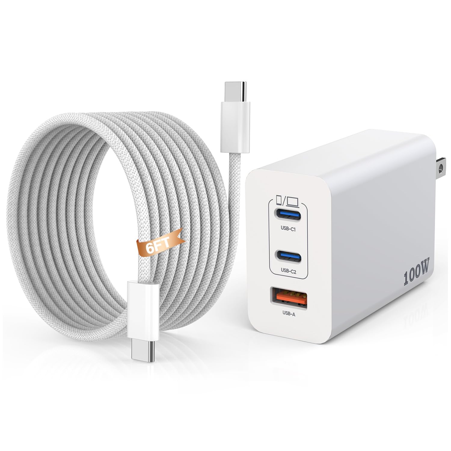 100W USB C Charger,GaN 3-Port Super Fast Charger(Dual Port Type C+A)100W USB-C Laptop Fast Charging Block with 6FT Woven Type C-C Cable for MacBook Pro/Air,iPad Pro/Air,iPhone17/16/15 Air Pro Max Plus