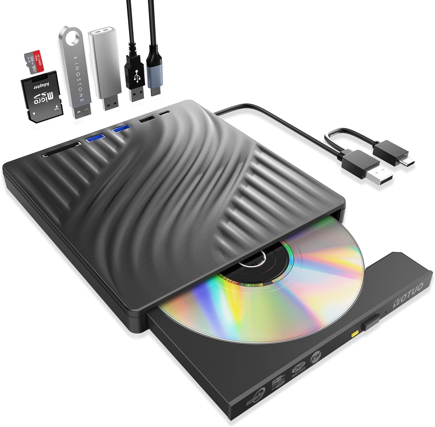 Multi-Function External CD/DVD Drive 3-in-1 Hub & SD Card Reader DVD Player Burning Dual Interface USB-C/USB 3.2 Portable for Laptop, Desktop, with Windows 7/8/10/11 Mac MacBook Pro/Air