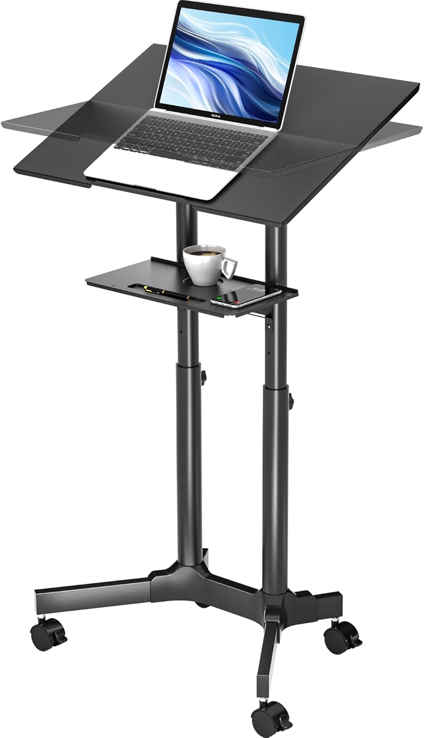1home BONTEC Lecterns & Podiums Portable Mobile Standing Laptop Desk, Sit Stand, Height Adjustable Home Office Classroom Pulpit Stand Up Desk Workstation, Rolling Table Laptop Cart with Storage Tray