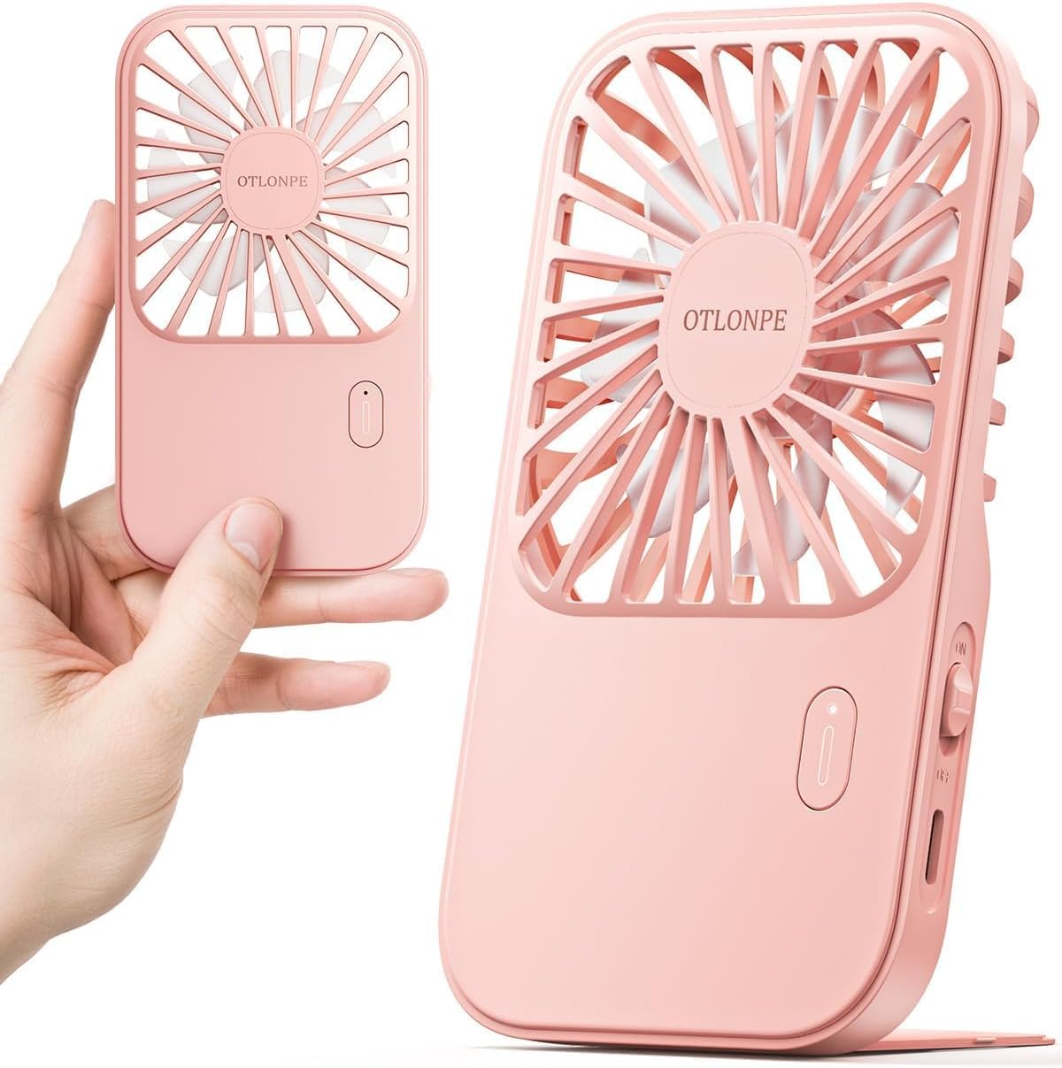 Otlonpe Rechargeable Mini Portable Handheld Fan, Small Personal Battery Powered Handheld Portable Fans for Hand Held Desktop Travel, Foldable Stand, Slim Cordless, Wrist Strap, 3-Speed (Pink)