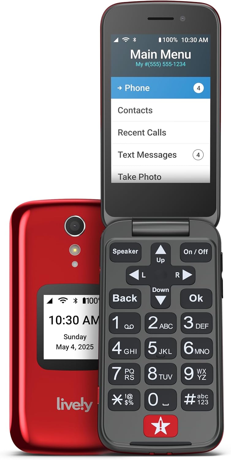 Lively Jitterbug Flip2 – Flip Cell Phone for Seniors – Not Compatible with Other Wireless Carriers – Must Be Activated with Lively Phone Plan – Red Flip Phone