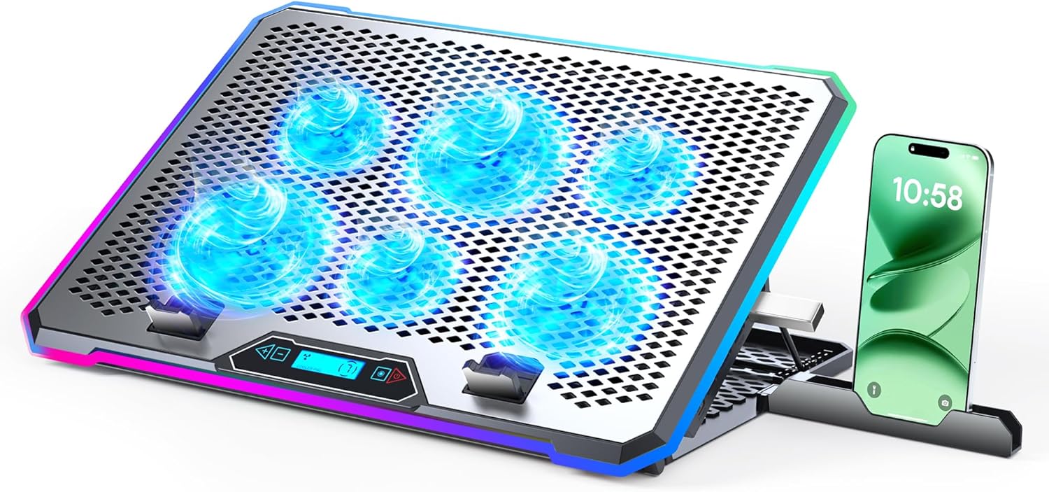 Aluminum Alloy RGB Gaming Laptop Cooler with 6 Fans and LCD Screen – 10 RGB Modes Memory Function, 4 USB Ports 3.0 and 2.0 Hub, 9 Height Adjustable for 10 to 21 Inch Laptops on Desk or Lap