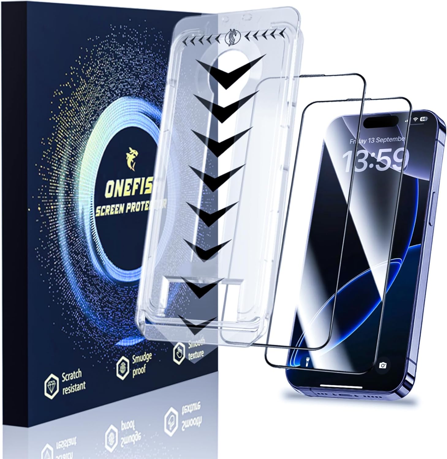 OneFish for iPhone 15 (6.1 inch) Tempered Glass Screen Protector 2 Pack Auto Dust-Elimination Easy Installation HD Clear Screen Protector