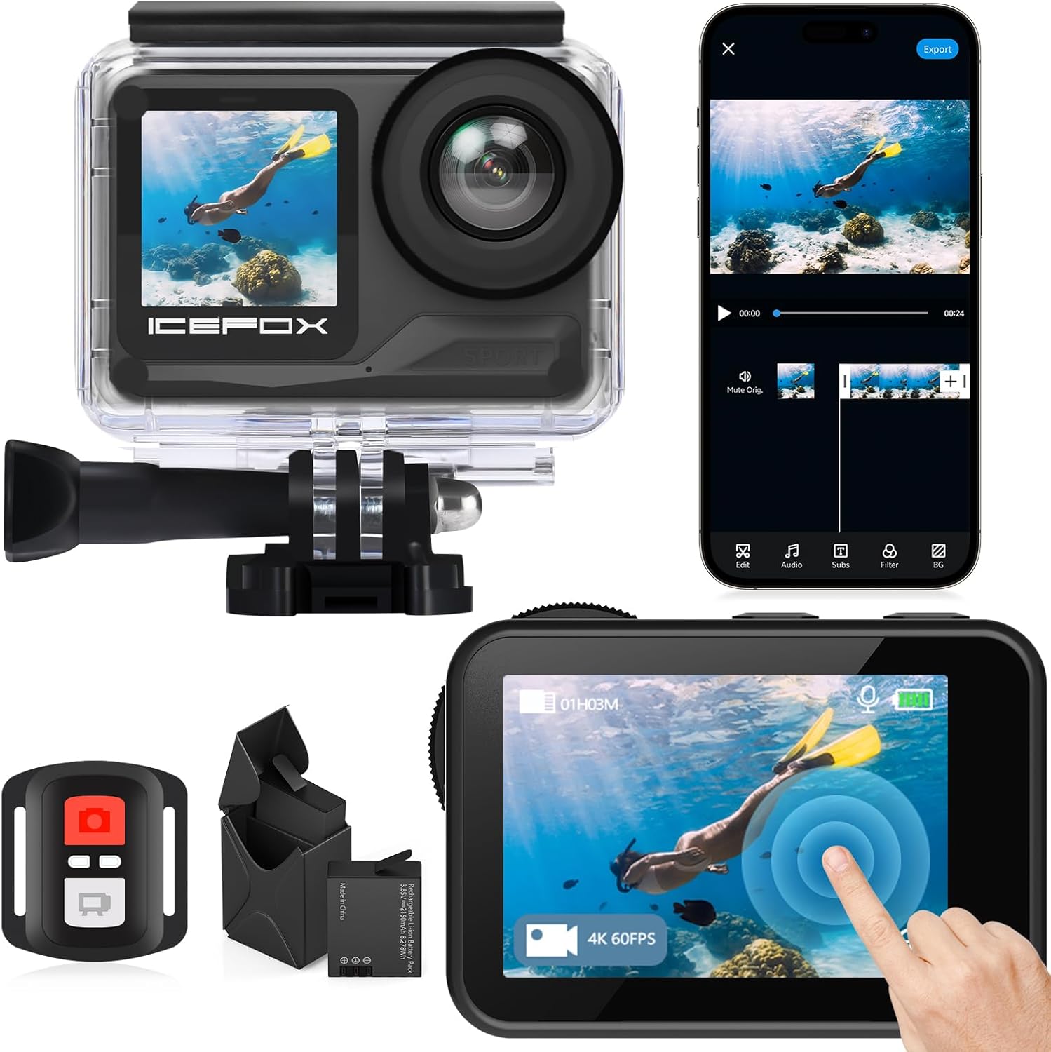 icefox i7 Action Camera 4K 60FPS 30MP with 2X 2150mAh Batteries, Underwater Camera with 5X Zoom, EIS, Powered by Snappro App,Support Video&Photo Editing,Waterproof, WiFi Remote Control