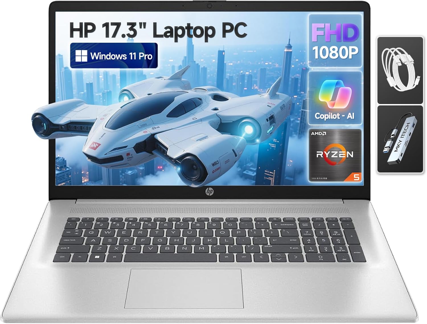 HP 17 Inch Laptop Computer, 17.3″ FHD IPS Business Laptop PC, AMD Ryzen 5 (6-Cores), Windows 11 Pro, 32GB RAM 1TB SSD, Copilot AI, 10-Key Number Pad, Type-C, Wi-Fi 6, for Business, Students & Home