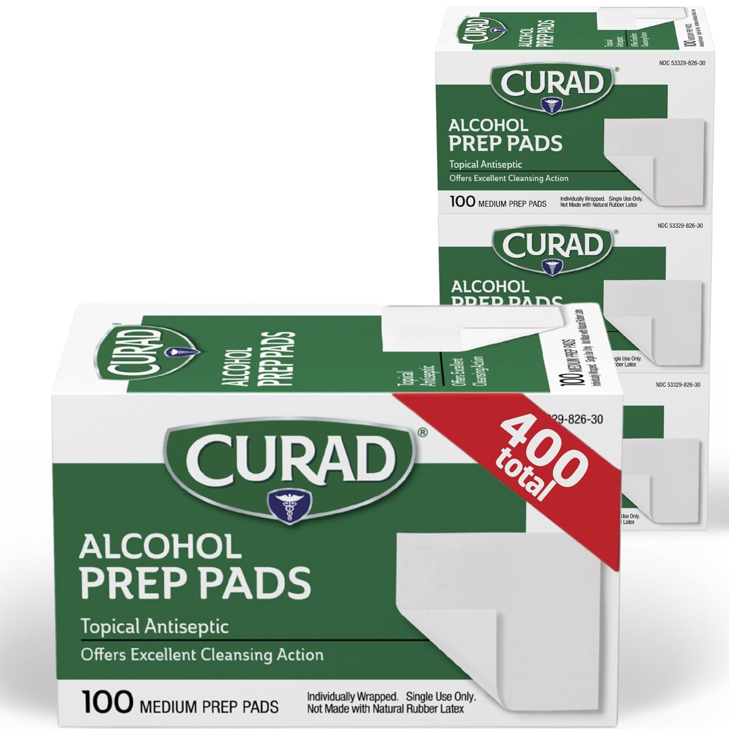 CURAD Alcohol Prep Pads (Pack of 4 Boxes) | 400 Pieces of Medium Isopropyl Wipes Individually Wrapped | First Aid Swabs for Cuts & Scrapes | Medical Pads for General Cleansing