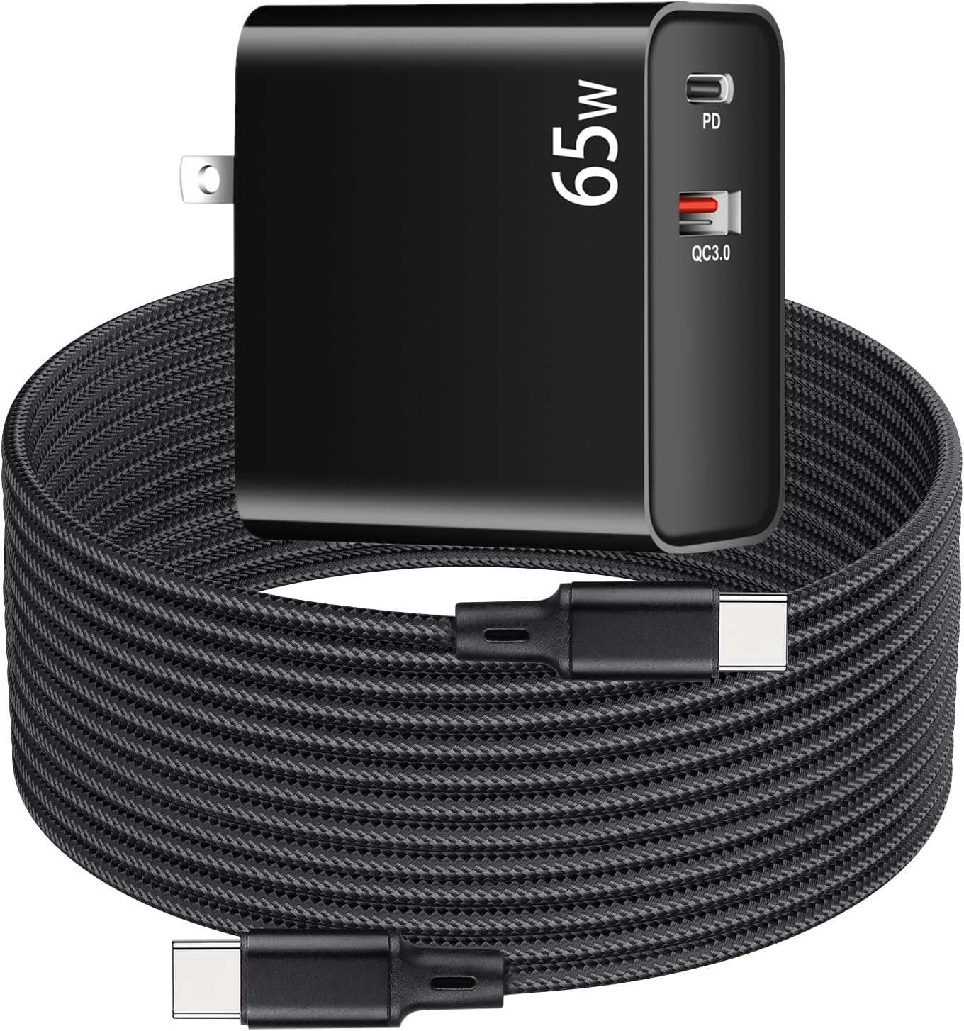 PD 65W USB C Super Fast VR Charger Compatible with Meta Oculus Quest 3s, Quest 3 2 – Dual Port USB + Type C Adapter with 6.6ft C to C Charging Cable for Pico 4 Ultra VR Headsets, Black