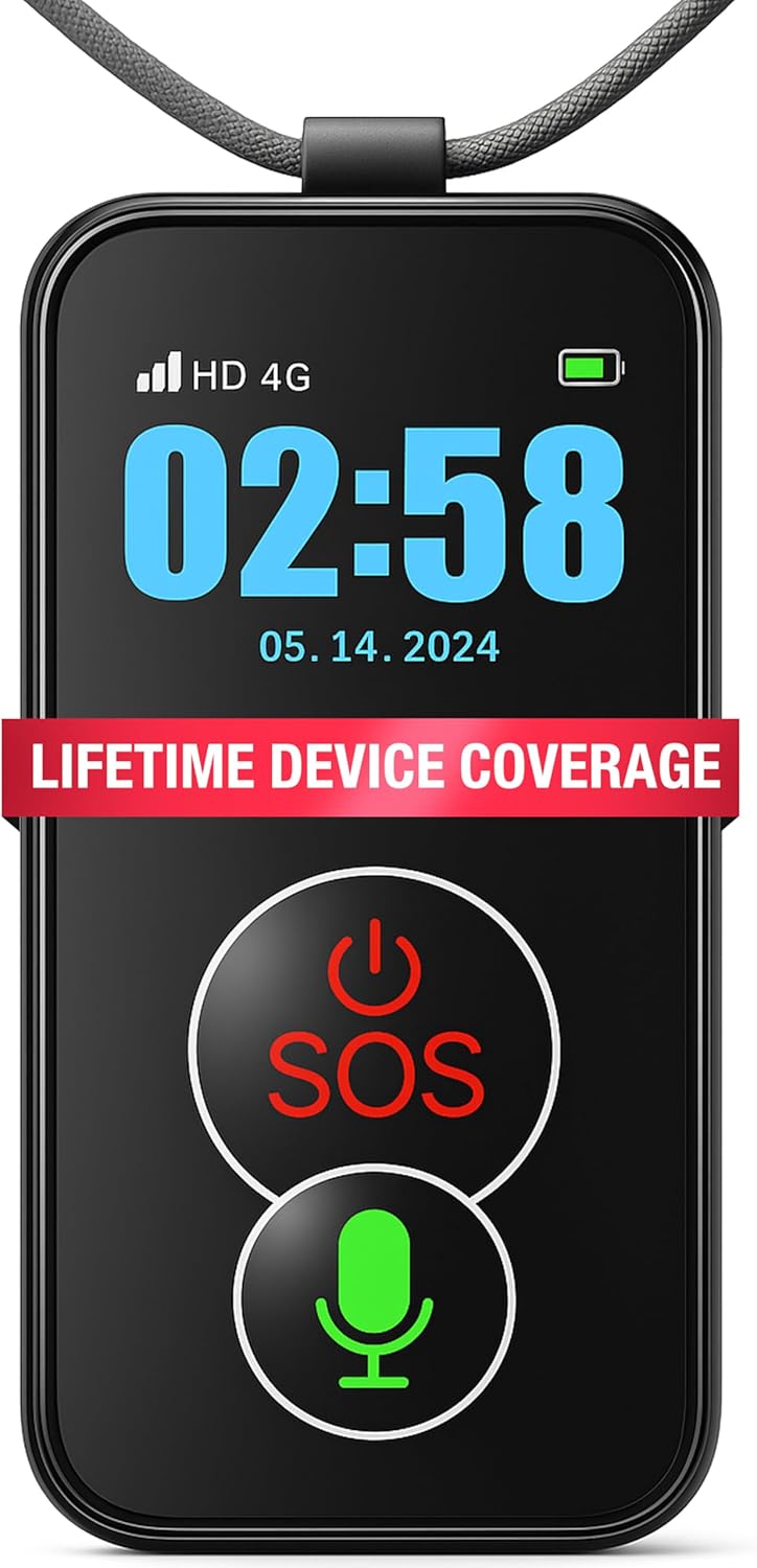 Cellular Medical Alert Necklace with Emergency Button for Elderly, 24/7 Monitoring, Fall Detection for Seniors, Water-Resistant, Wearable Pendant with 2-Way Communication, GPS Tracking