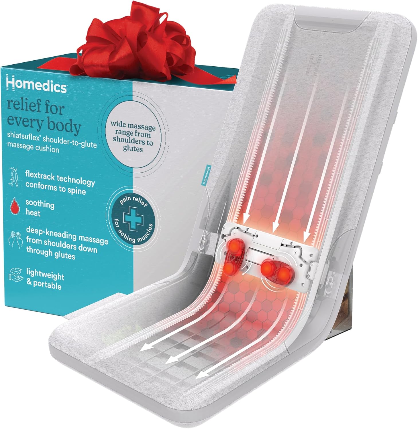 Homedics ShiatsuFlex Massage Cushion, Advanced Shiatsu Therapy, FlexTrack Technology, Deep-Kneading for Pain Relief in Back, Shoulders & Leg Muscles, Soothing Heat, Lightweight & Portable