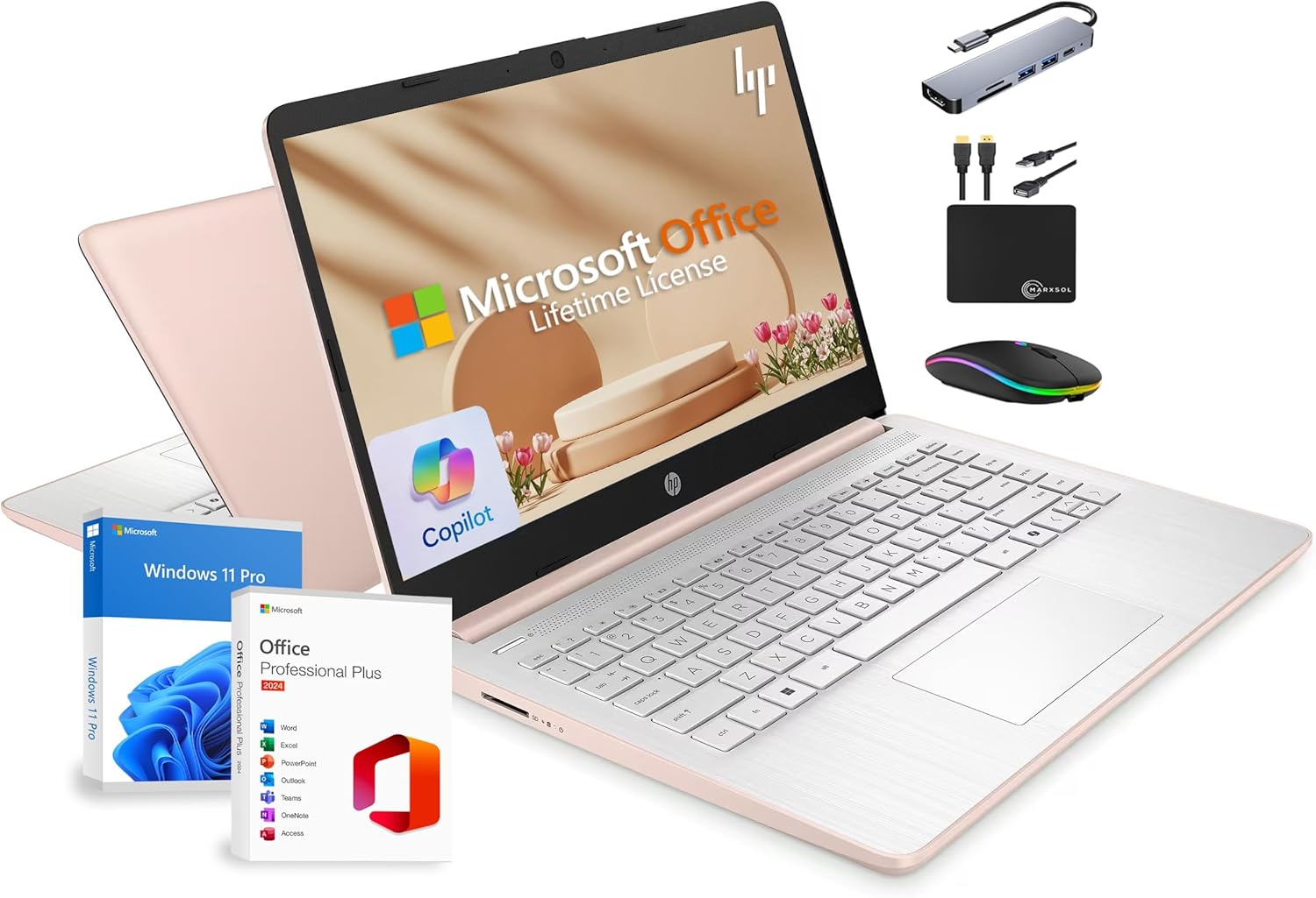 HP 14″ Laptop 2025 Business Student Slim Computer, Lifetime MS Office, Copilot AI, Quad-Core Intel CPU, 16GB RAM, 628GB Storage (128GB UFS+500GB Ext), MarxsolAccessory, Wi-Fi 6, Win 11 Pro, Rose Gold