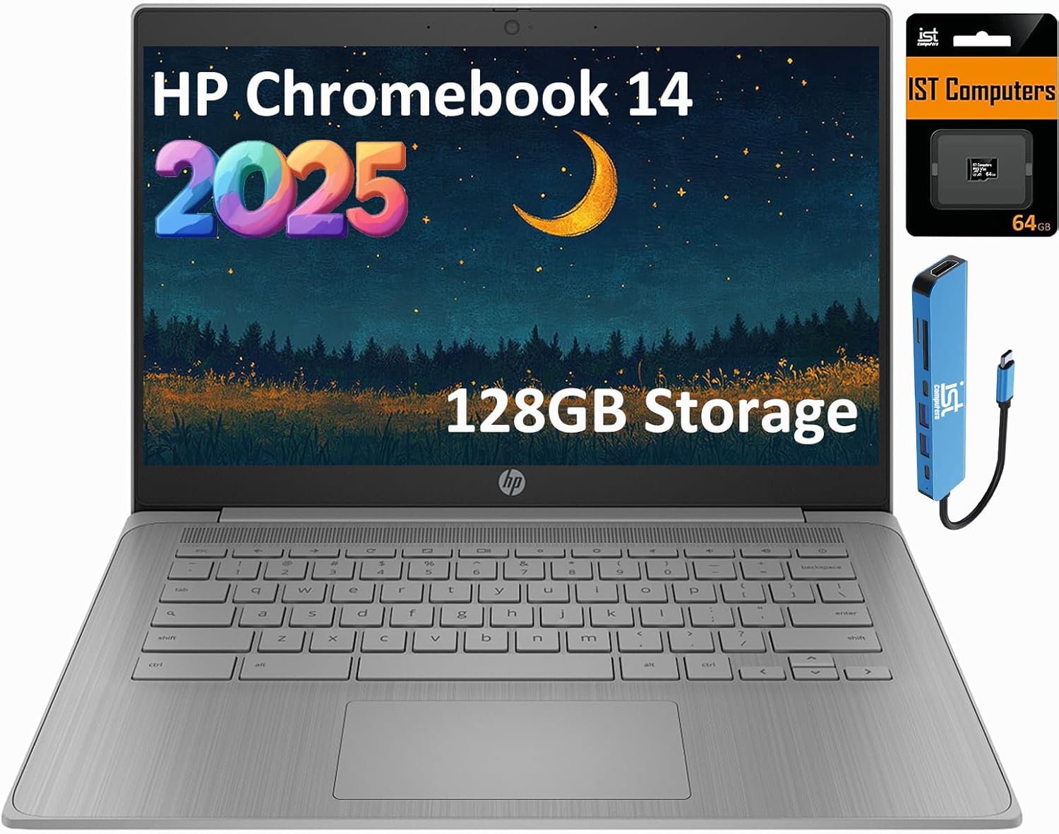 HP Chromebook 14 Laptop (14″ Anti-glare, Intel 4-Core Celeron N4120, 4GB RAM, 128GB Storage (64GB+64GB SD)) for Home & Student, Lightweight, 14-Hr Battery Life, Webcam, Wi-Fi, IST HUB, Chrome OS, Grey