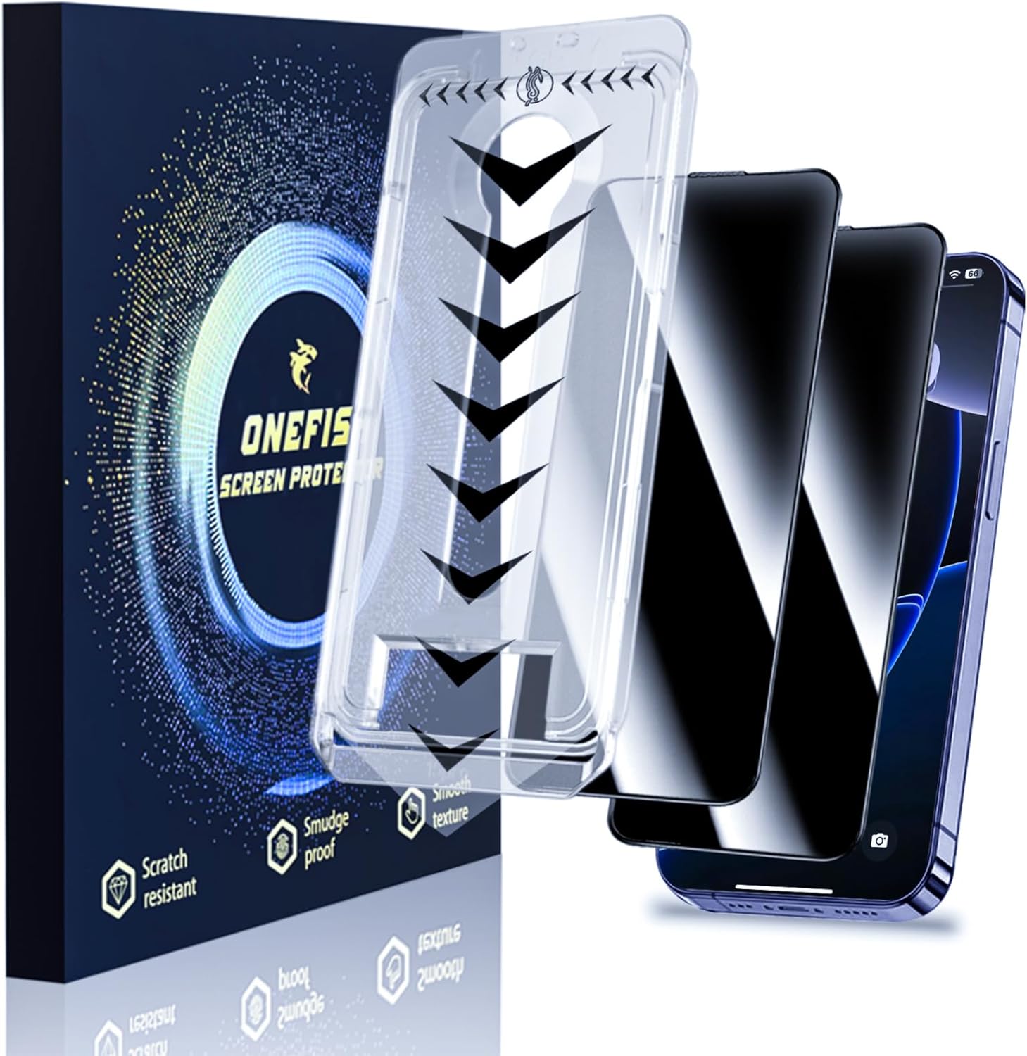 OneFish for iPhone 15(6.1 inch) Tempered Glass Screen Protector Full Edge Coverage? Privacy Auto Dust-Elimination Easy Installation Screen Protector [2 Pack]